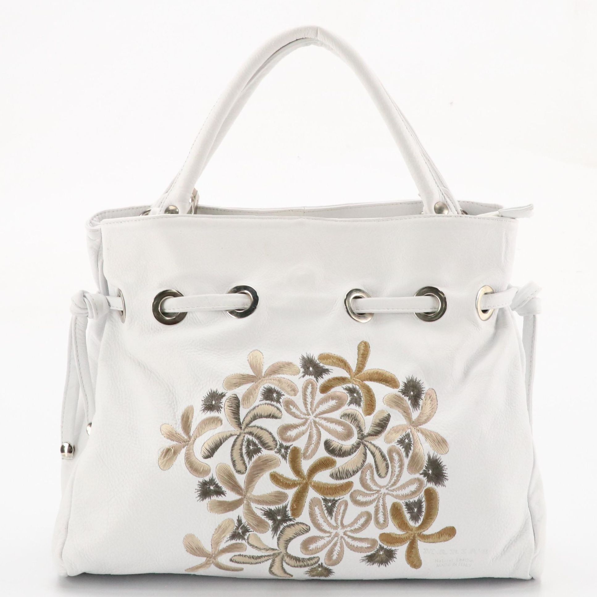 Vera Pelle Drawstring Two-Way Satchel in Embroidered White Leather