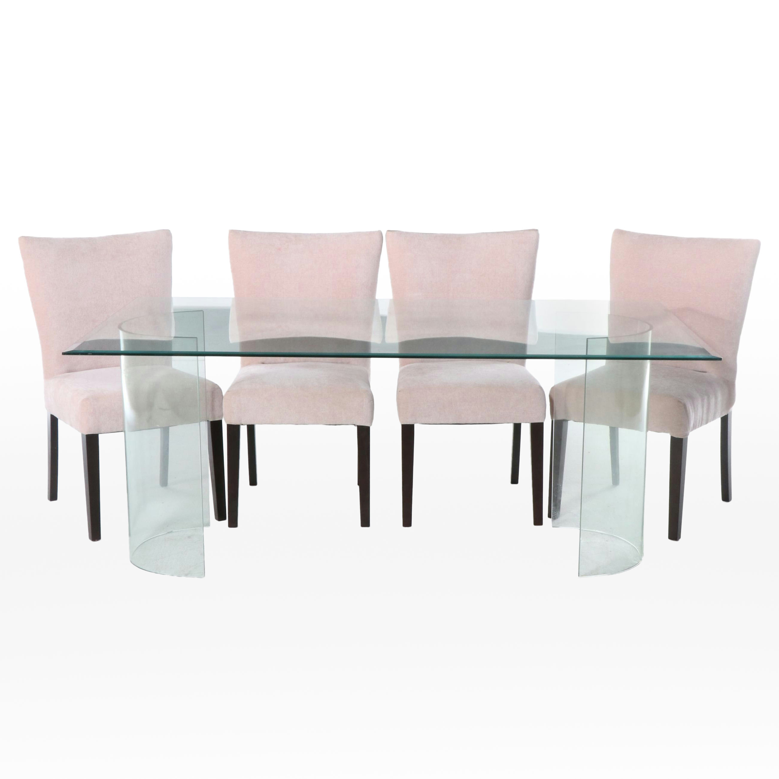 Postmodernist Glass Dining Table with Four Contemporary Blush Velvet Chairs