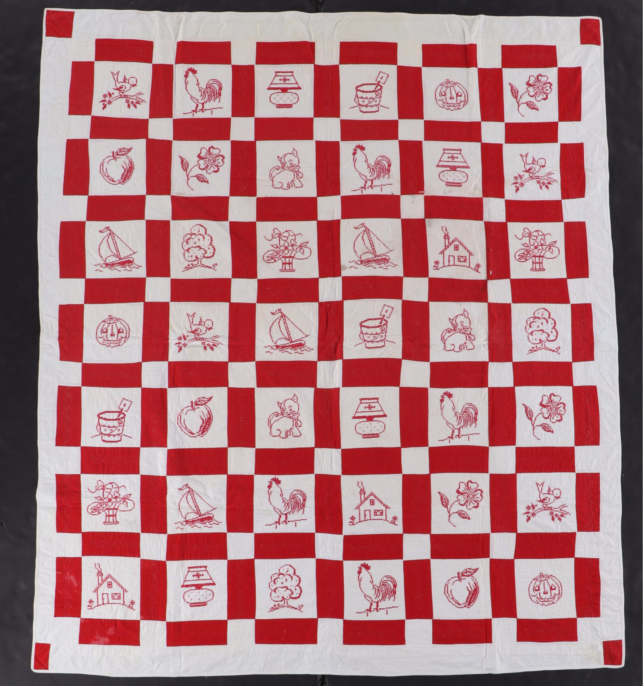 Cross-Stitch Embroidery and Other Red and White Cotton Quilts