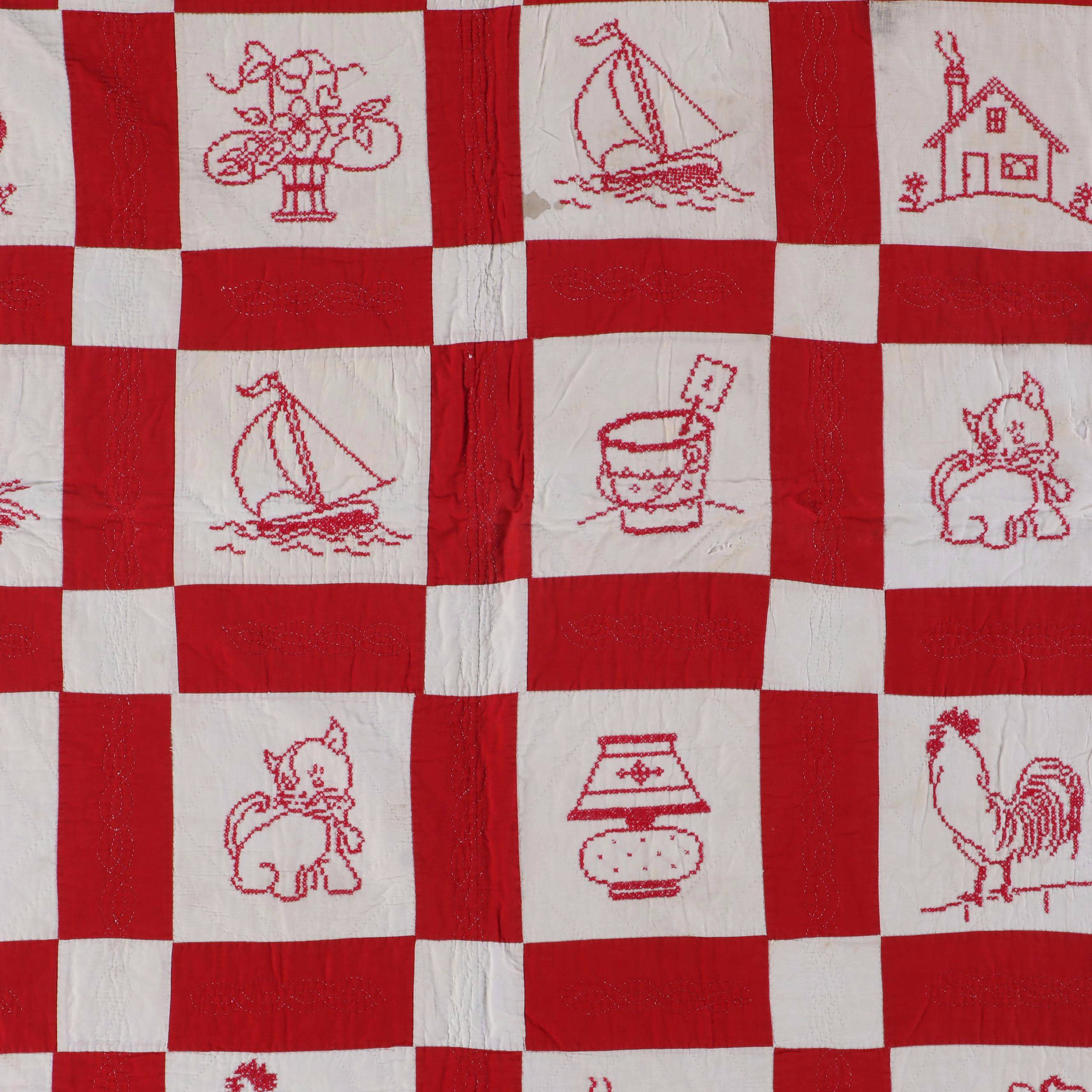 Cross-Stitch Embroidery and Other Red and White Cotton Quilts