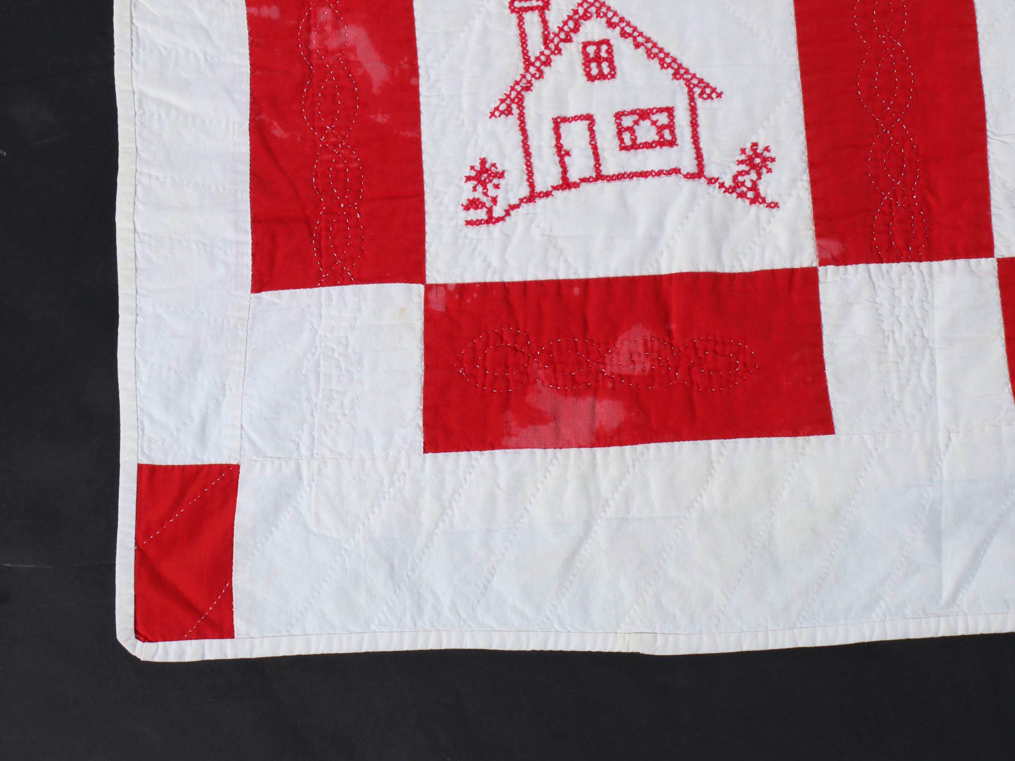 Cross-Stitch Embroidery and Other Red and White Cotton Quilts