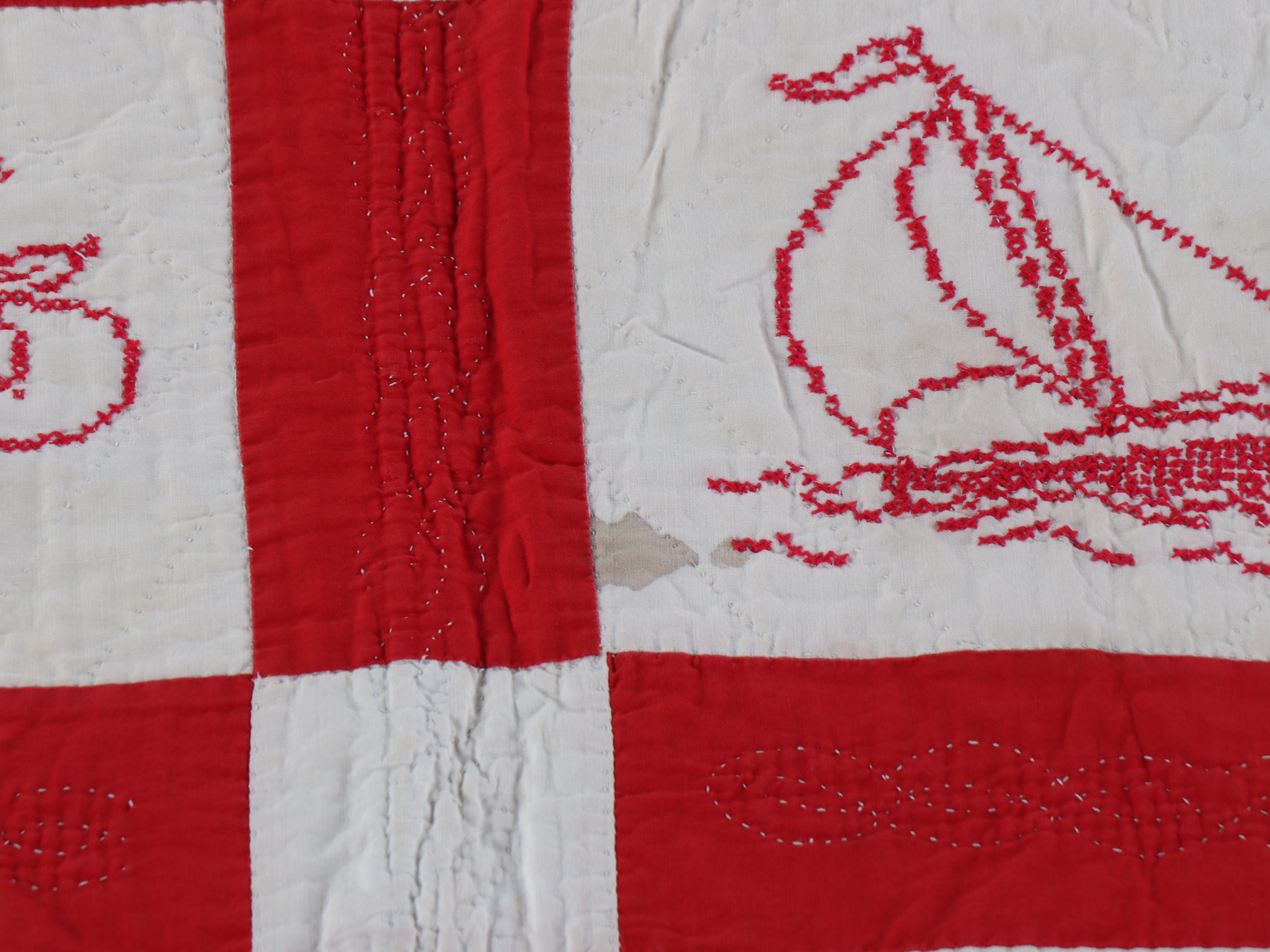 Cross-Stitch Embroidery and Other Red and White Cotton Quilts