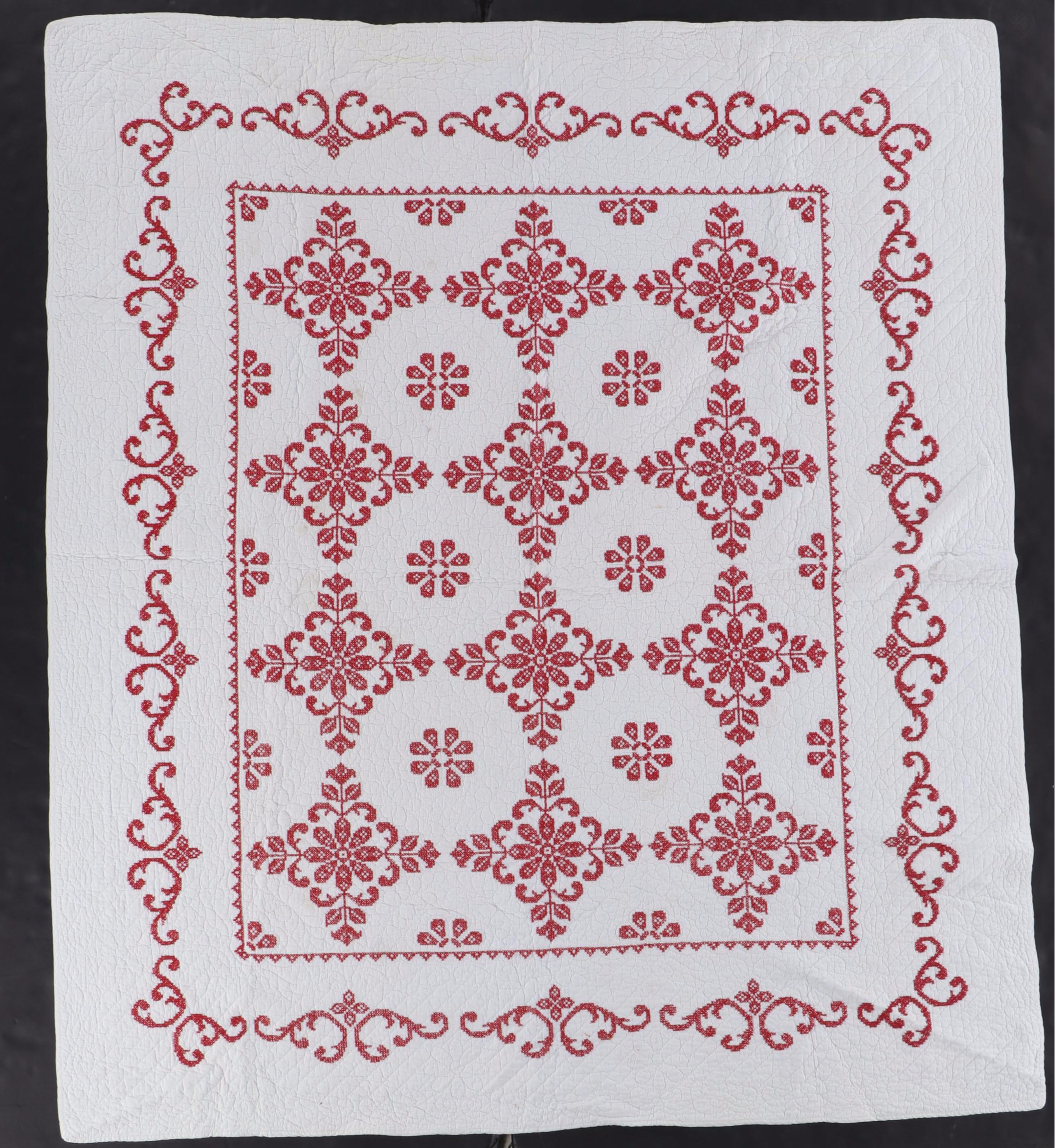 Cross-Stitch Embroidery and Other Red and White Cotton Quilts