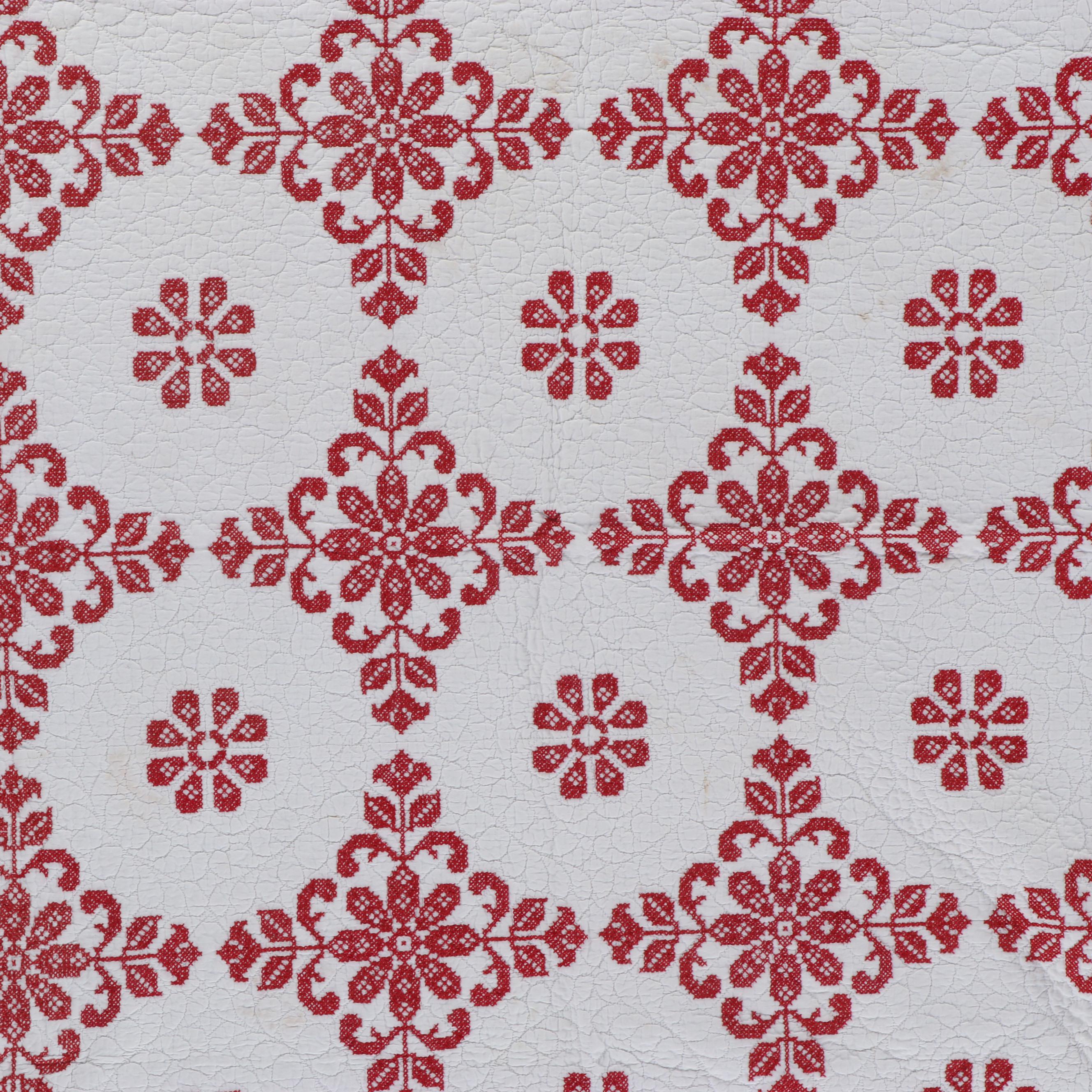 Cross-Stitch Embroidery and Other Red and White Cotton Quilts