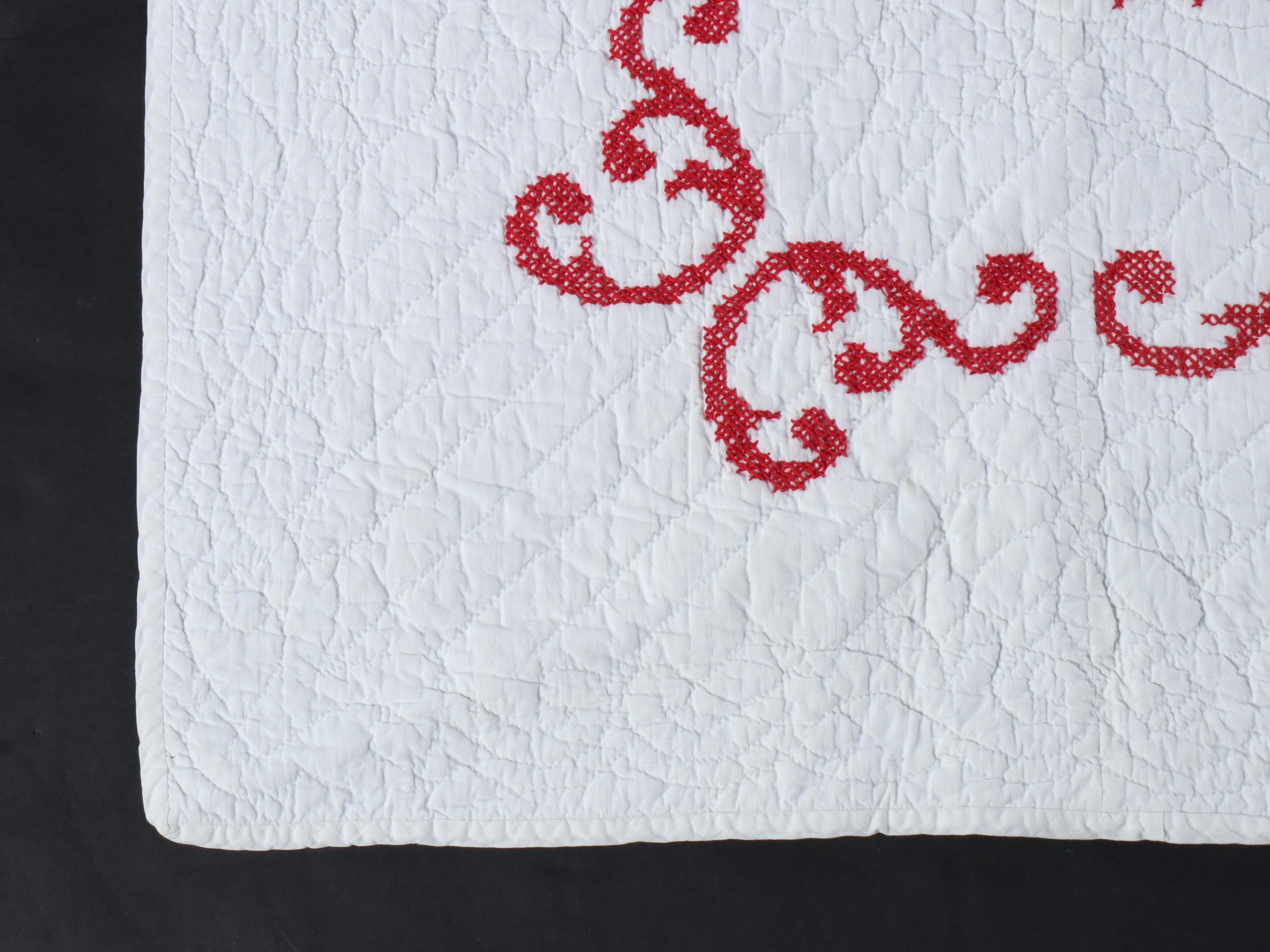 Cross-Stitch Embroidery and Other Red and White Cotton Quilts