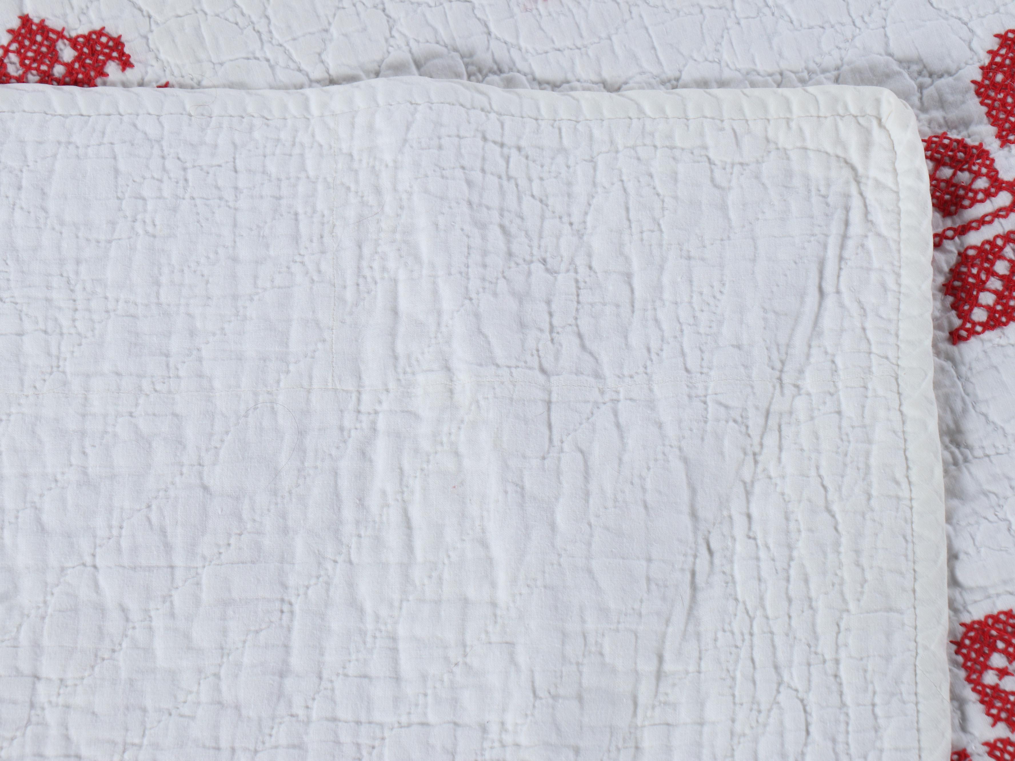 Cross-Stitch Embroidery and Other Red and White Cotton Quilts