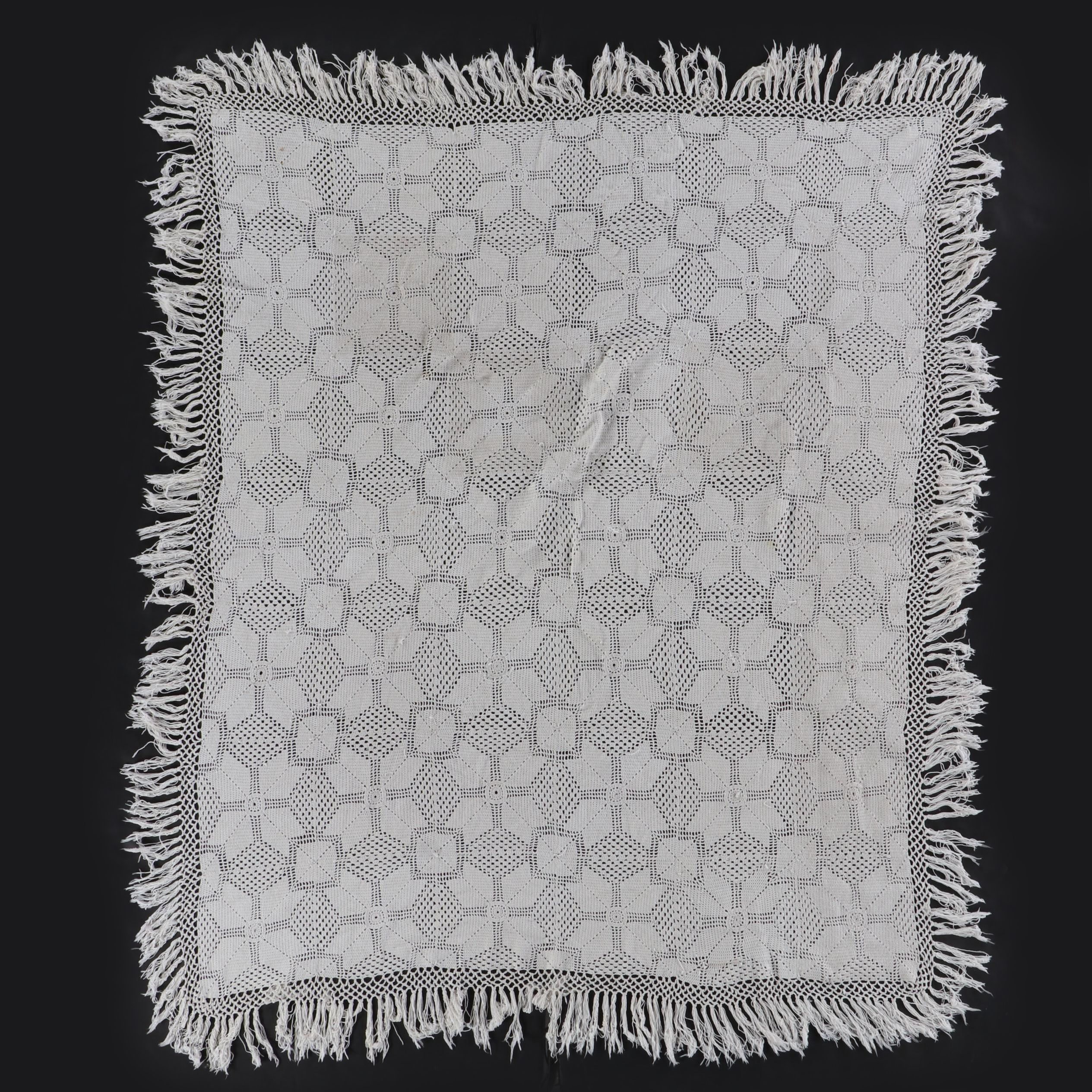 Handmade Diamond Pattern Crocheted Coverlet with Fringe