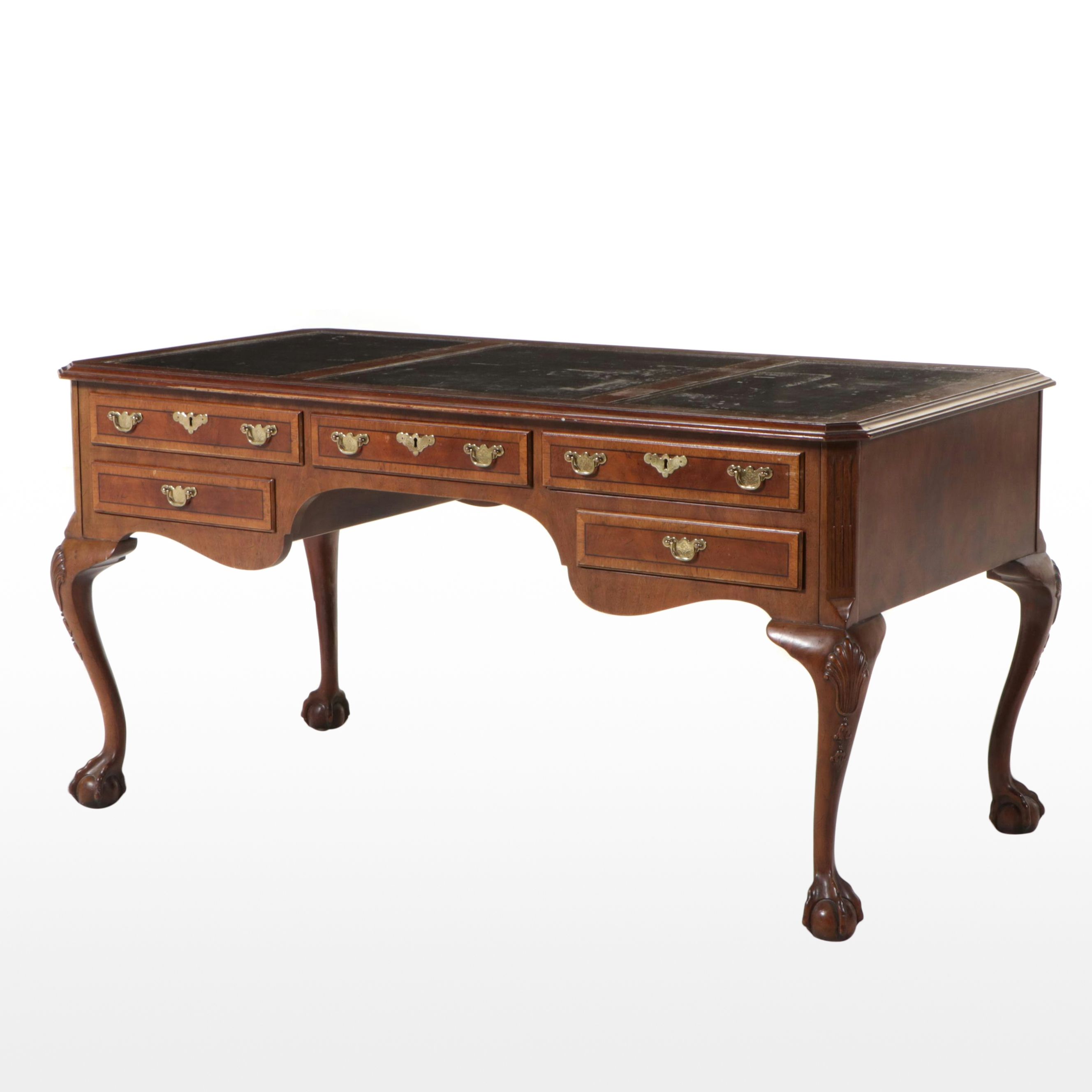 Henredon Chippendale Mahogany Desk with Tooled Leather Top
