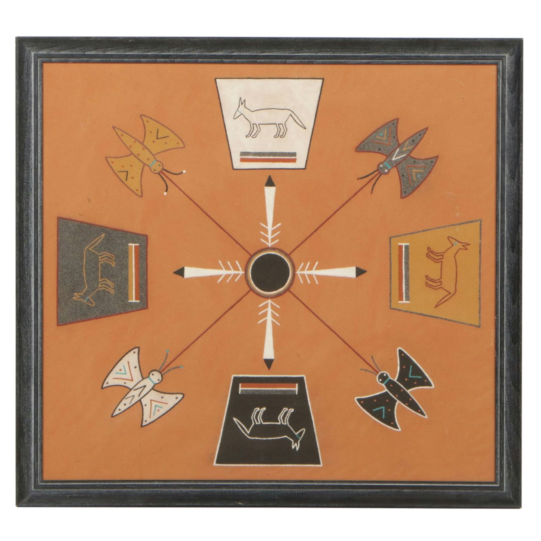 Navajo Sand Painting with Coyote and Butterfly Motifs, Mid to Late 20th Century