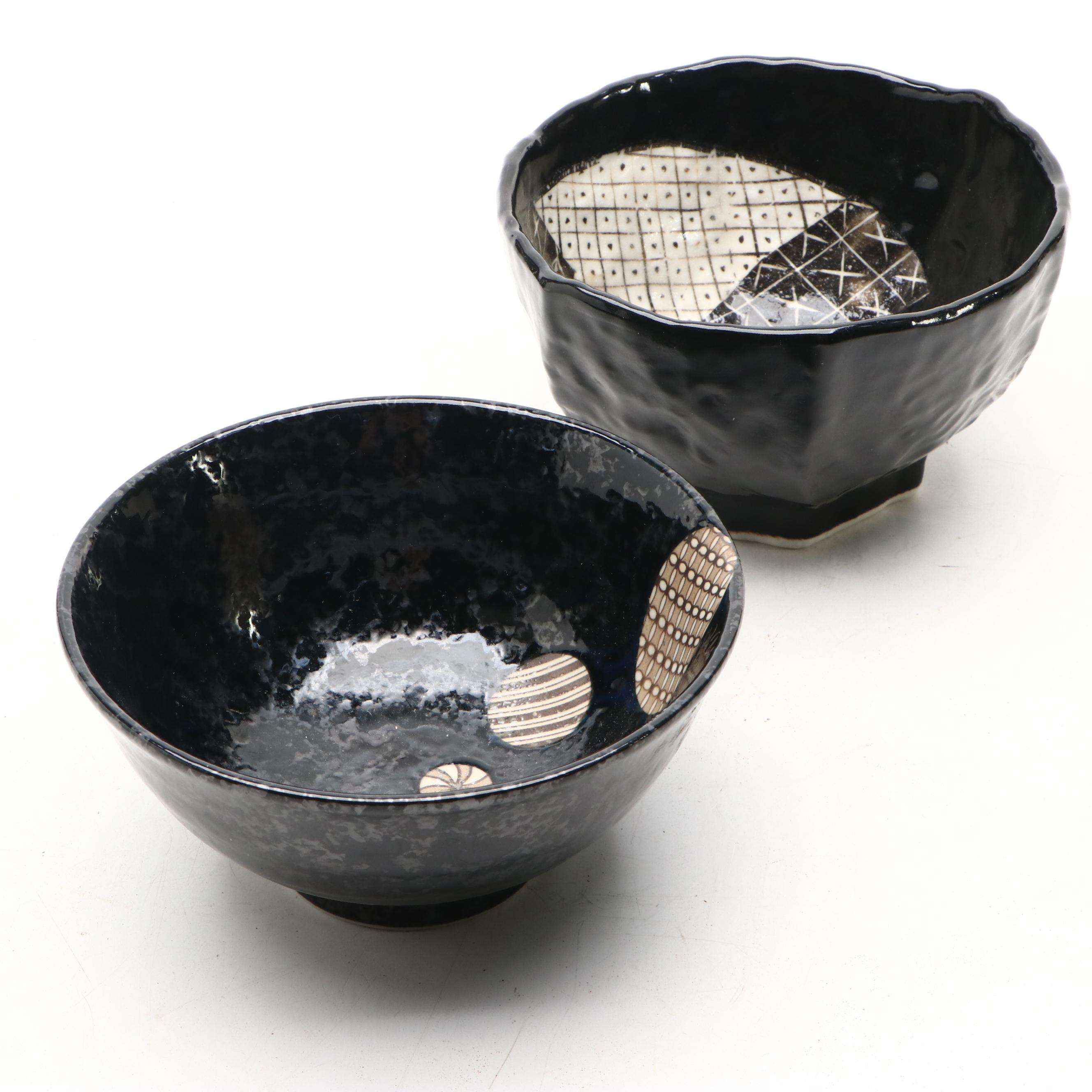 Oil Drop Black and Other Decorated Mino Ware Style Bowls