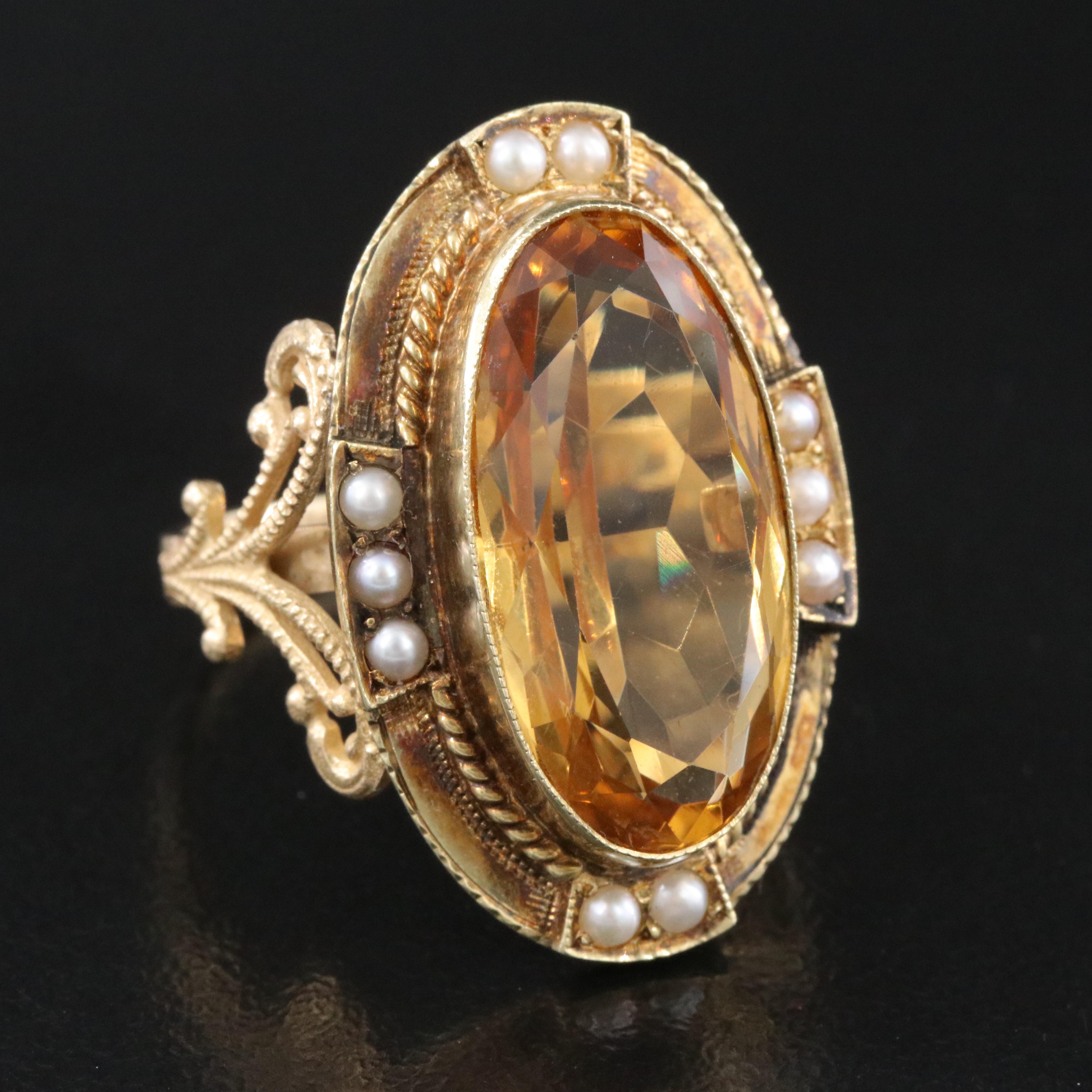 Vintage 14K Citrine and Seed Pearl Ring