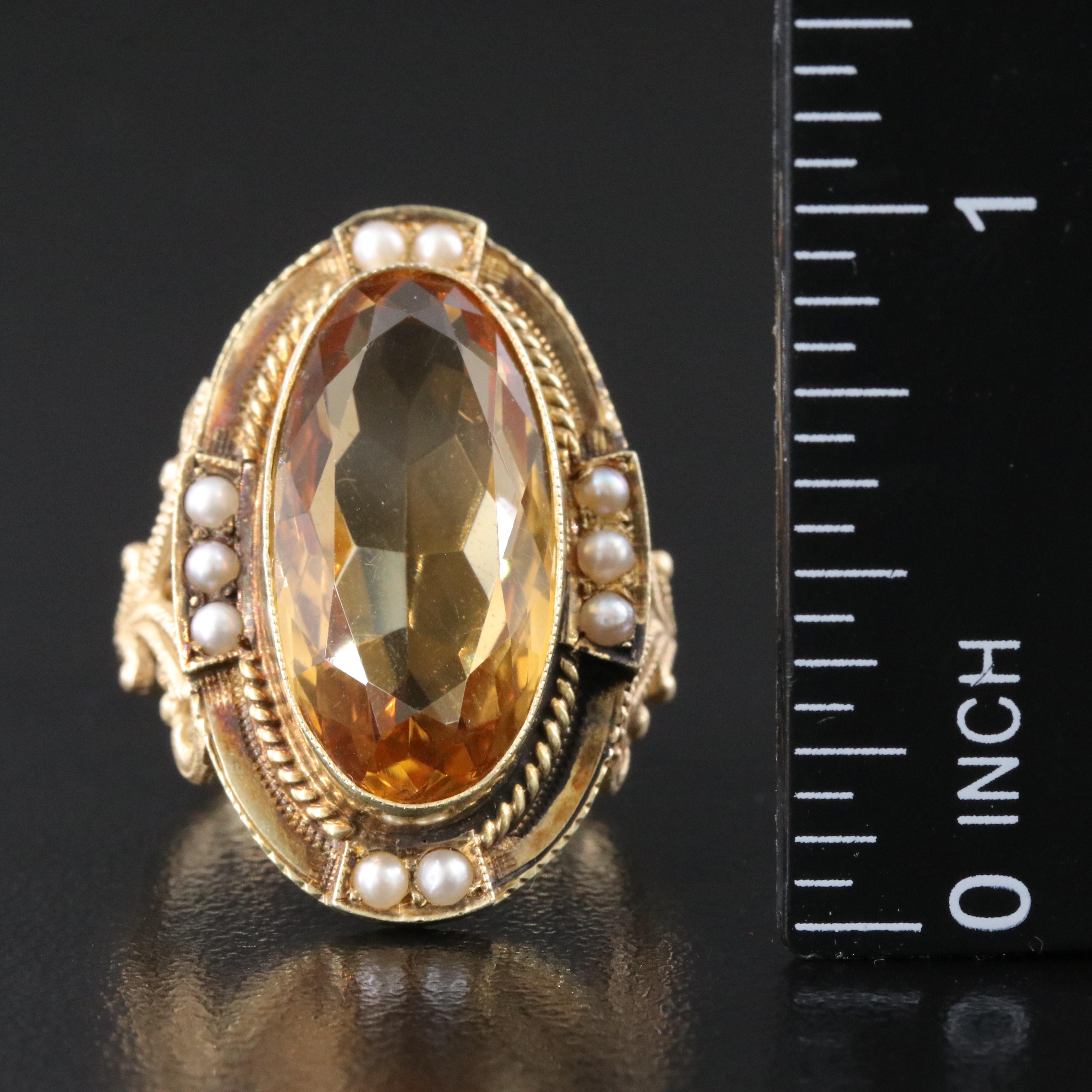 Vintage 14K Citrine and Seed Pearl Ring