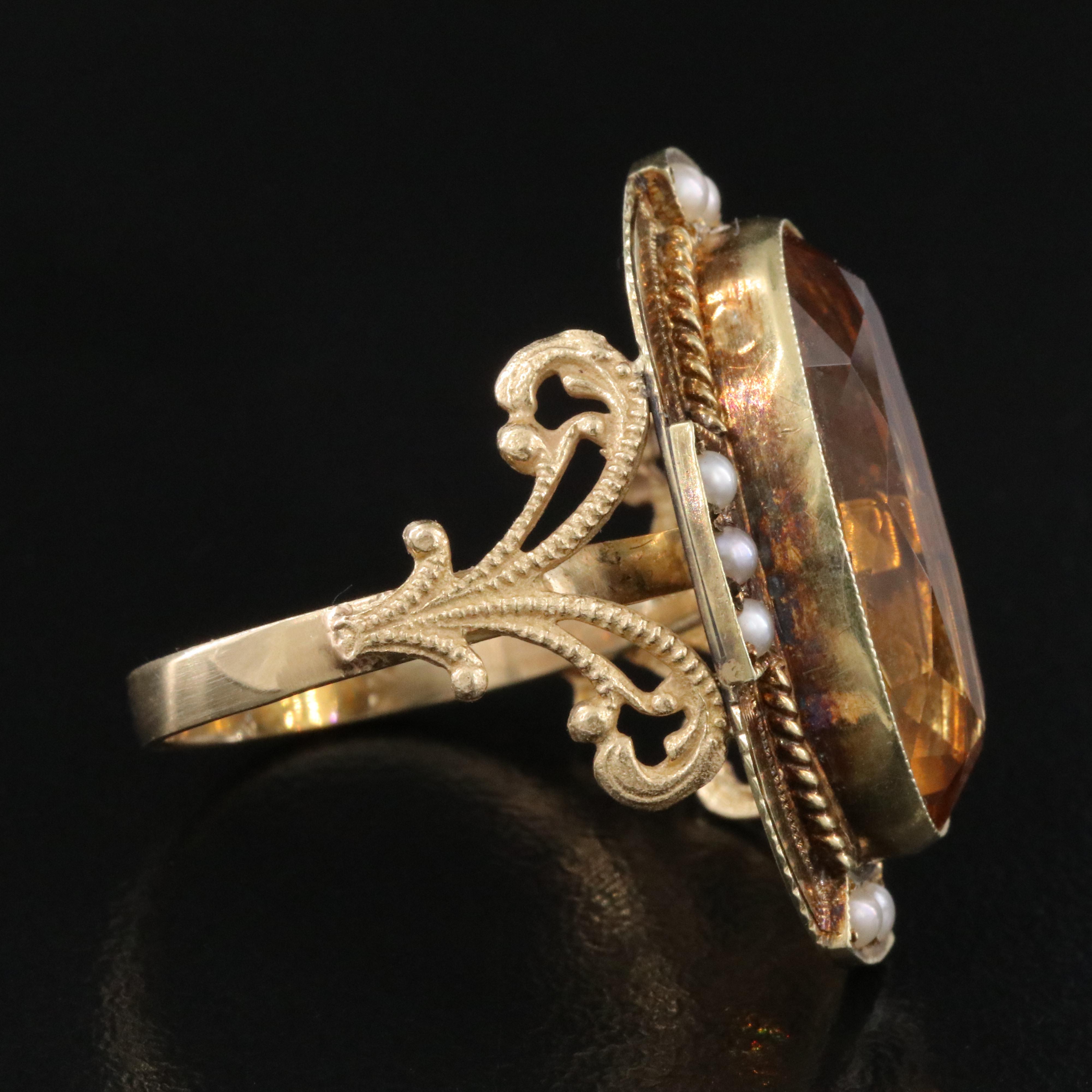 Vintage 14K Citrine and Seed Pearl Ring