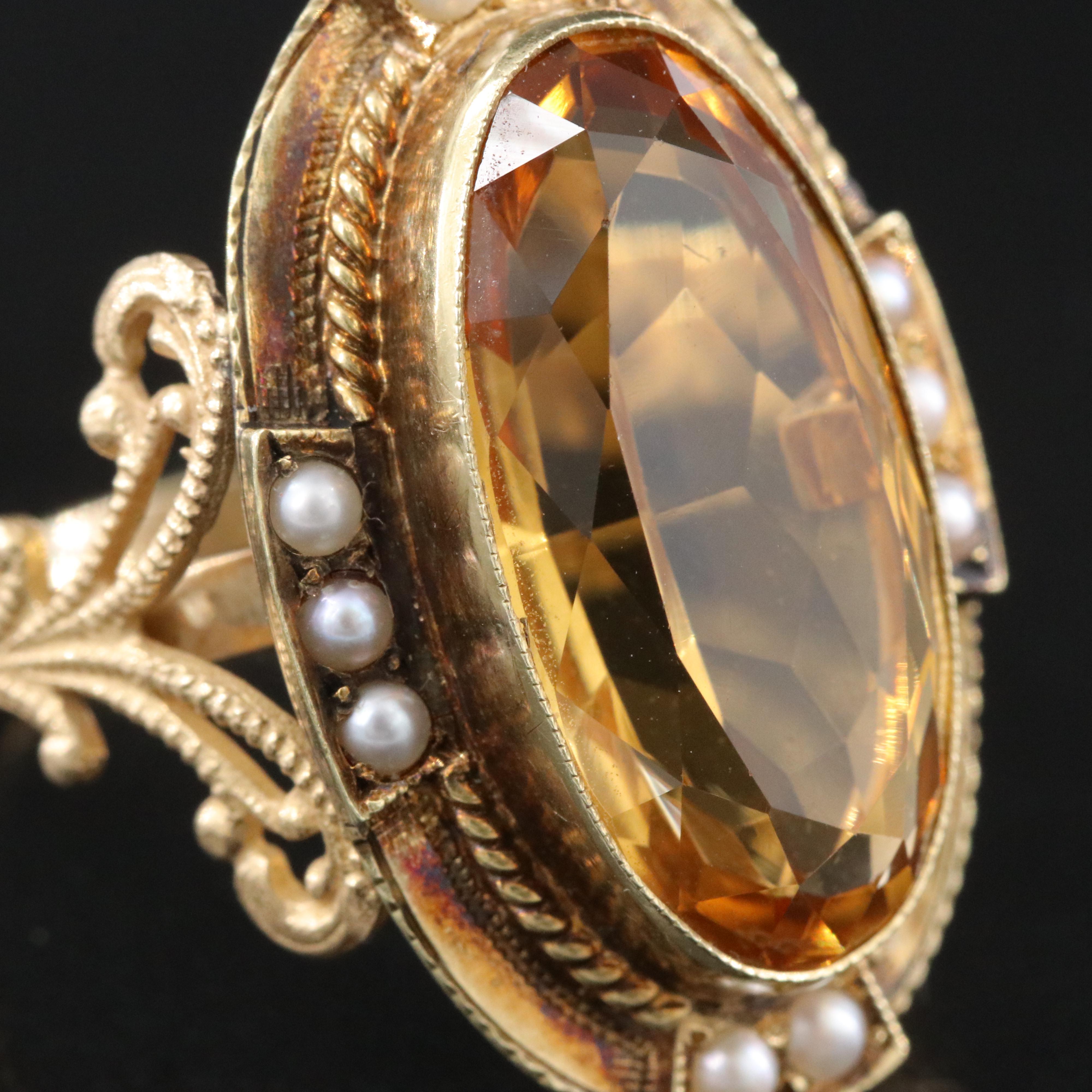 Vintage 14K Citrine and Seed Pearl Ring
