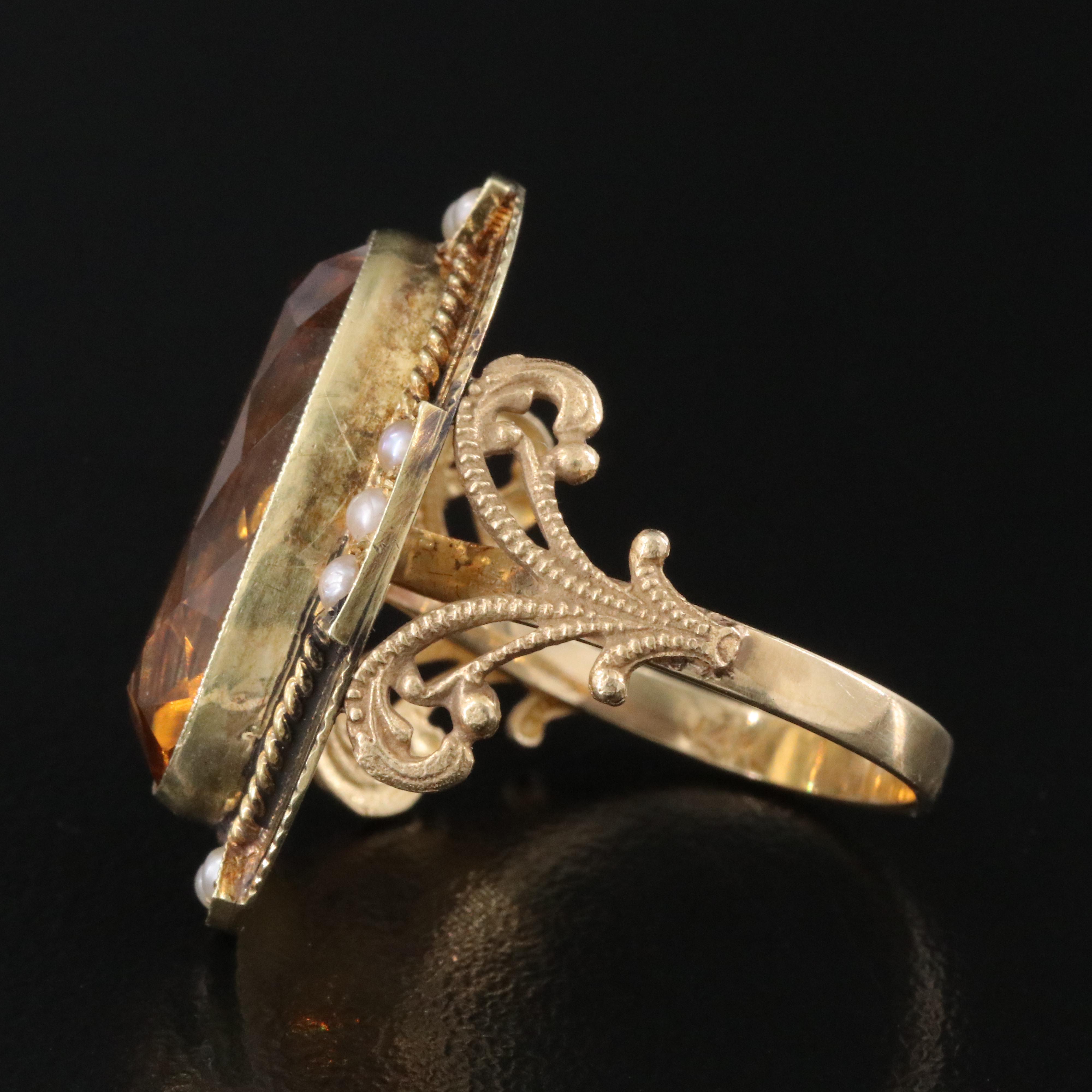 Vintage 14K Citrine and Seed Pearl Ring