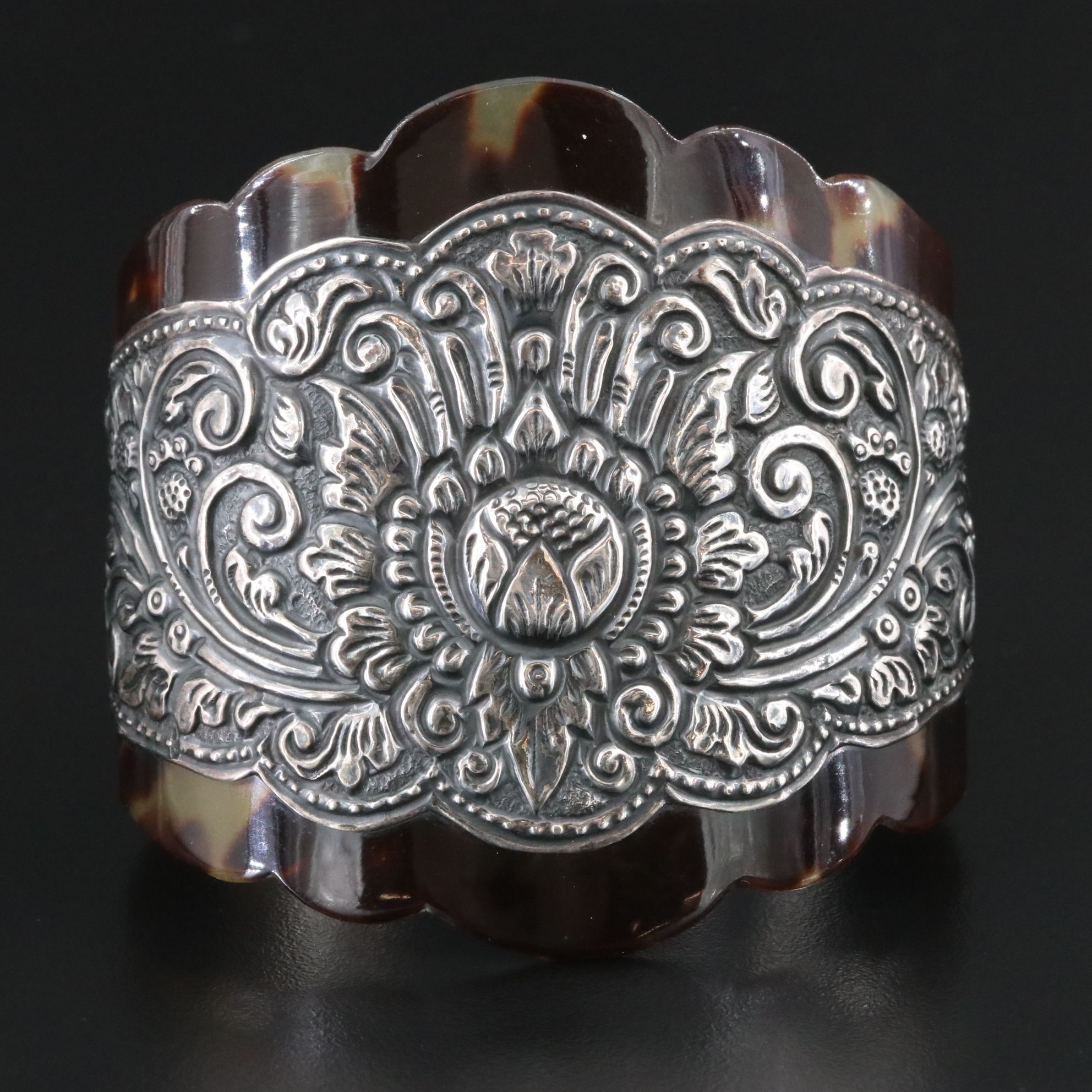 Victorian Aesthetic Period Tortoise Shell Repoussé Floral Cuff Bracelet