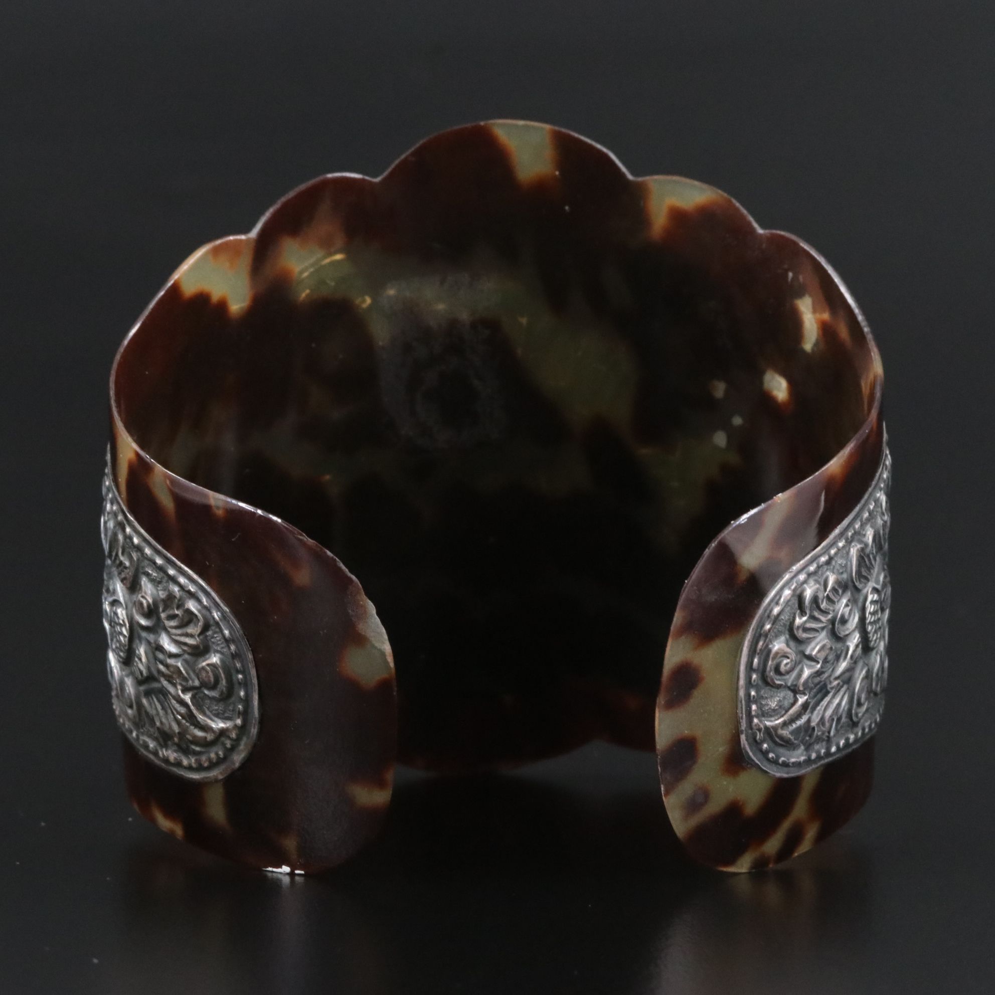 Victorian Aesthetic Period Tortoise Shell Repoussé Floral Cuff Bracelet