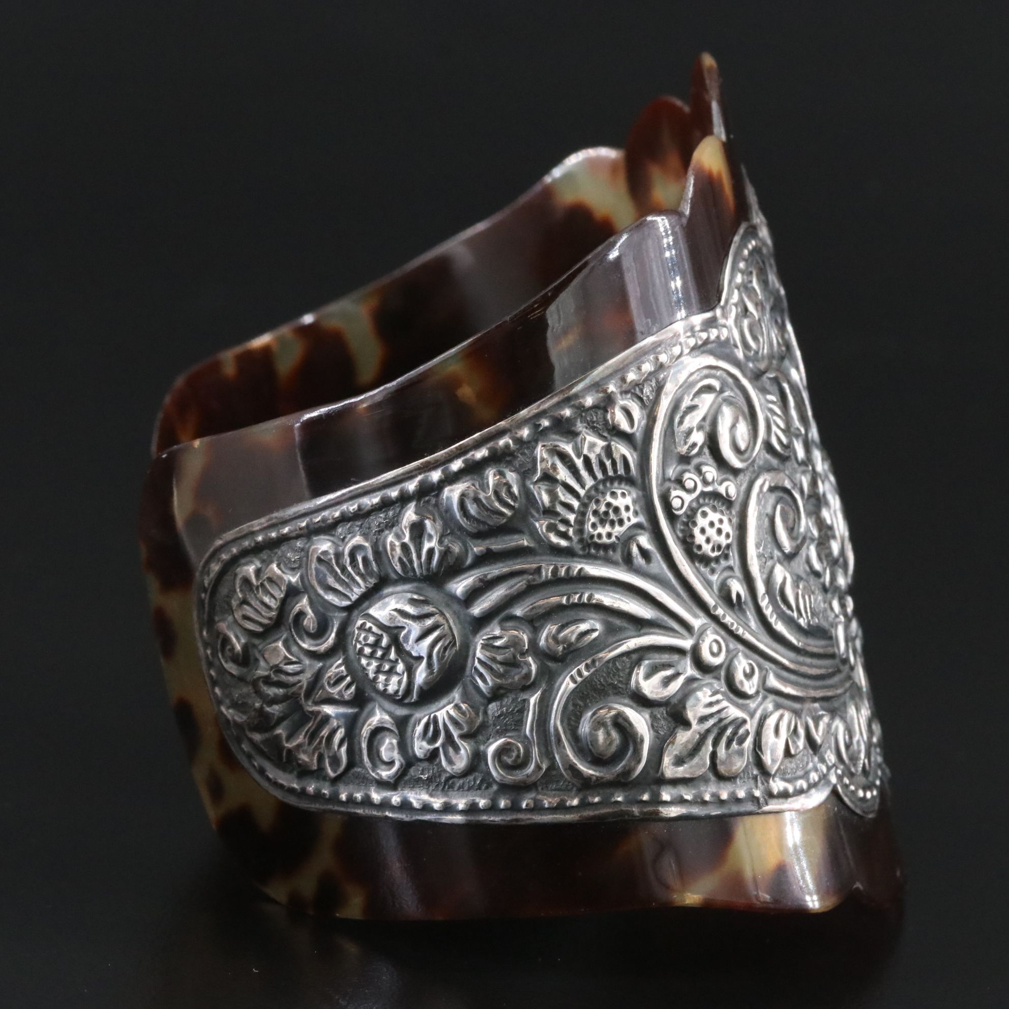 Victorian Aesthetic Period Tortoise Shell Repoussé Floral Cuff Bracelet