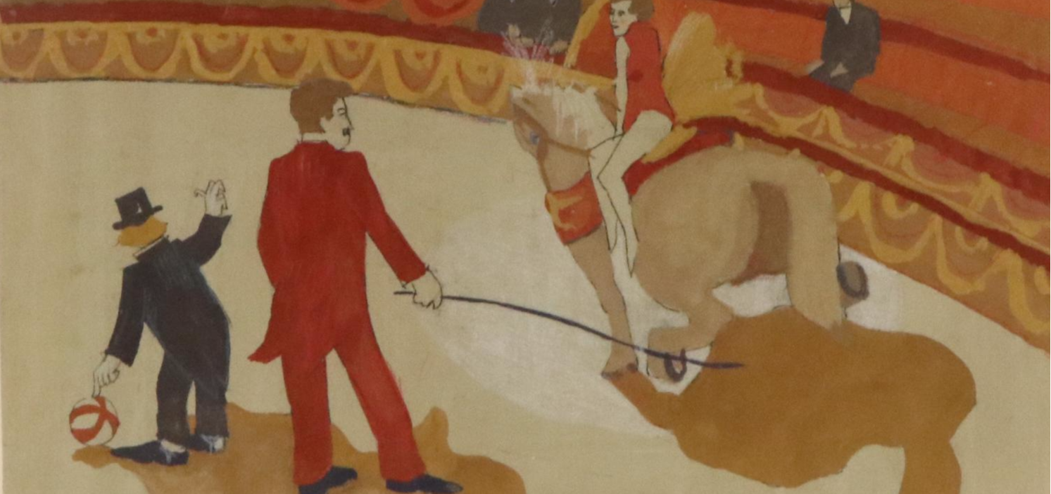 Circus Genre Gouache Painting of Ringmaster and Performers, 20th Century