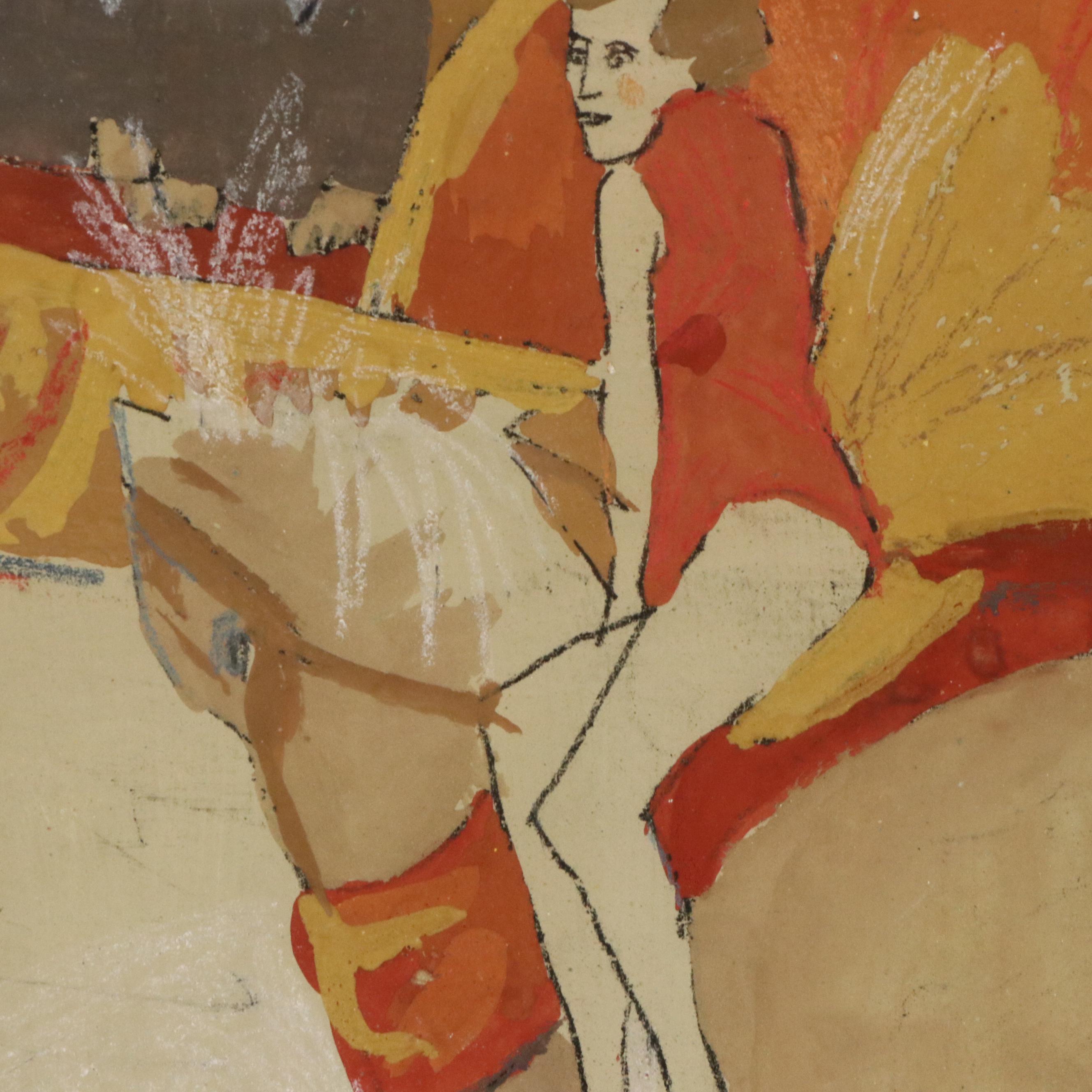 Circus Genre Gouache Painting of Ringmaster and Performers, 20th Century