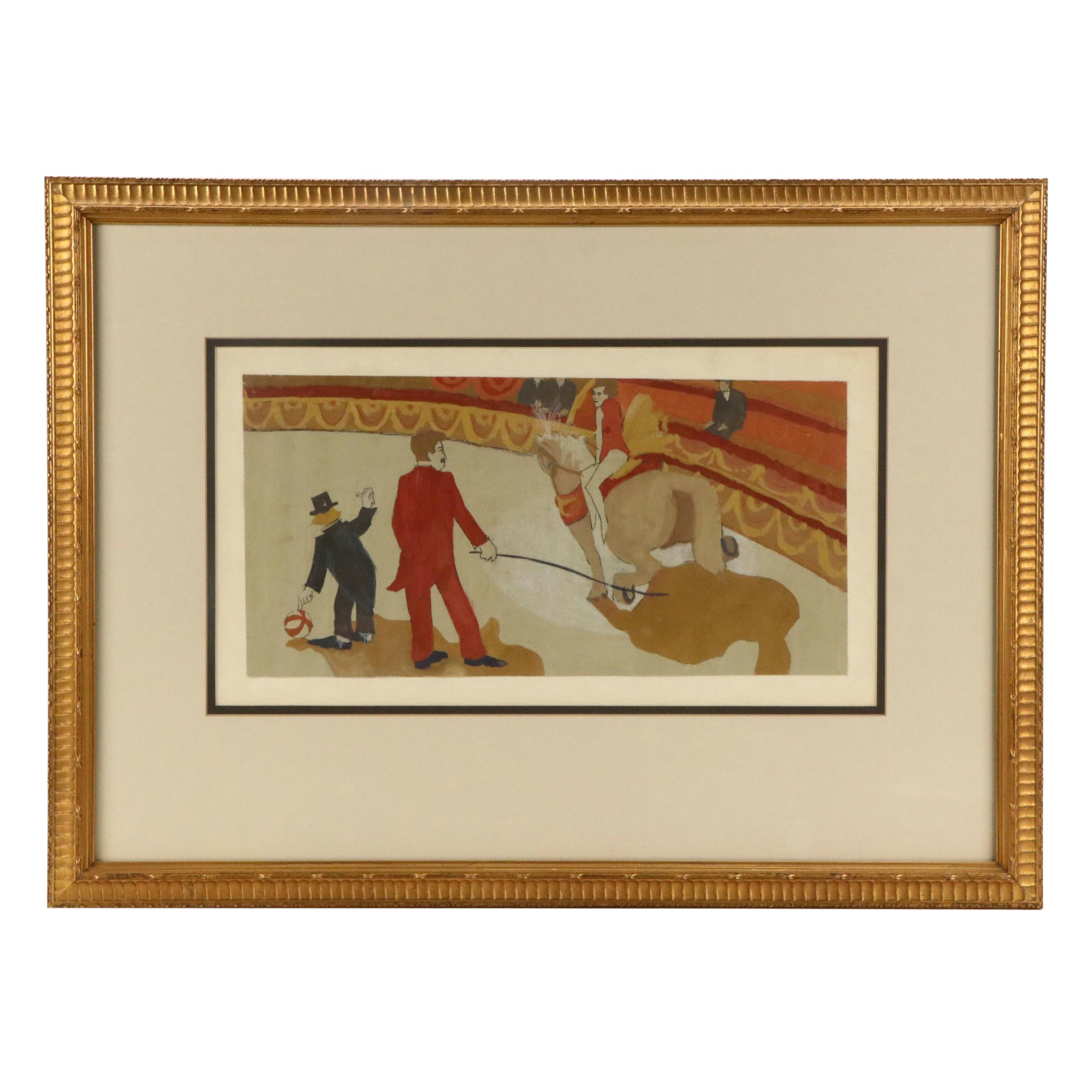 Circus Genre Gouache Painting of Ringmaster and Performers, 20th Century