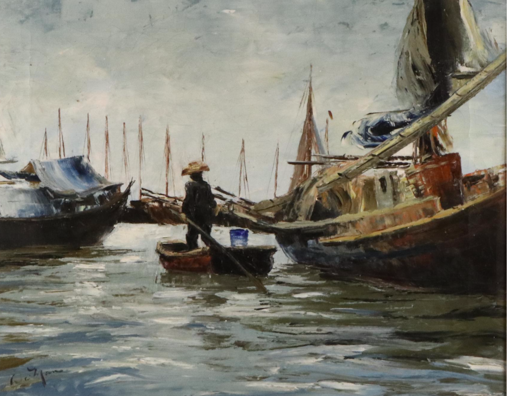 Oil Painting of Rowboat in Harbor, Mid-20th Century
