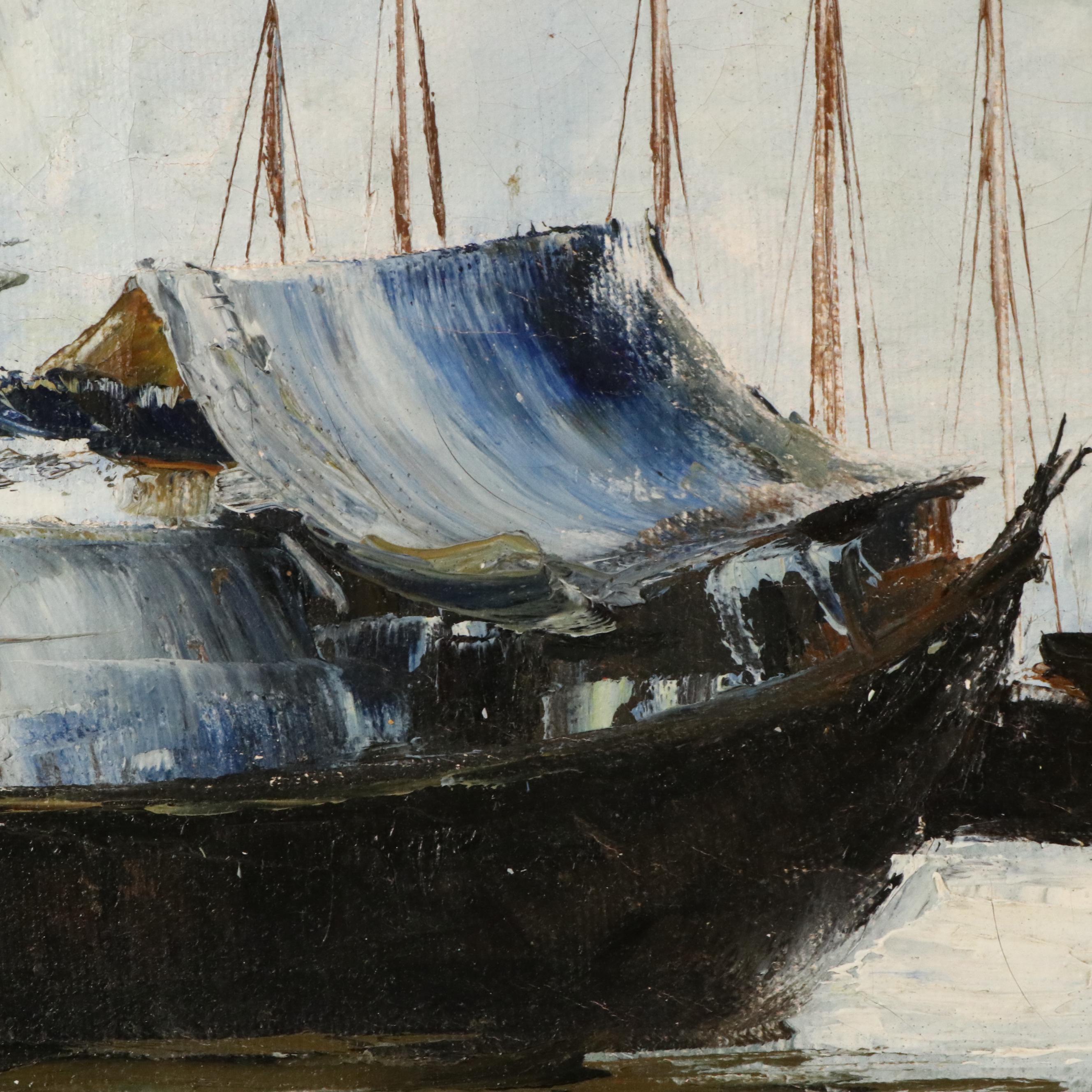 Oil Painting of Rowboat in Harbor, Mid-20th Century