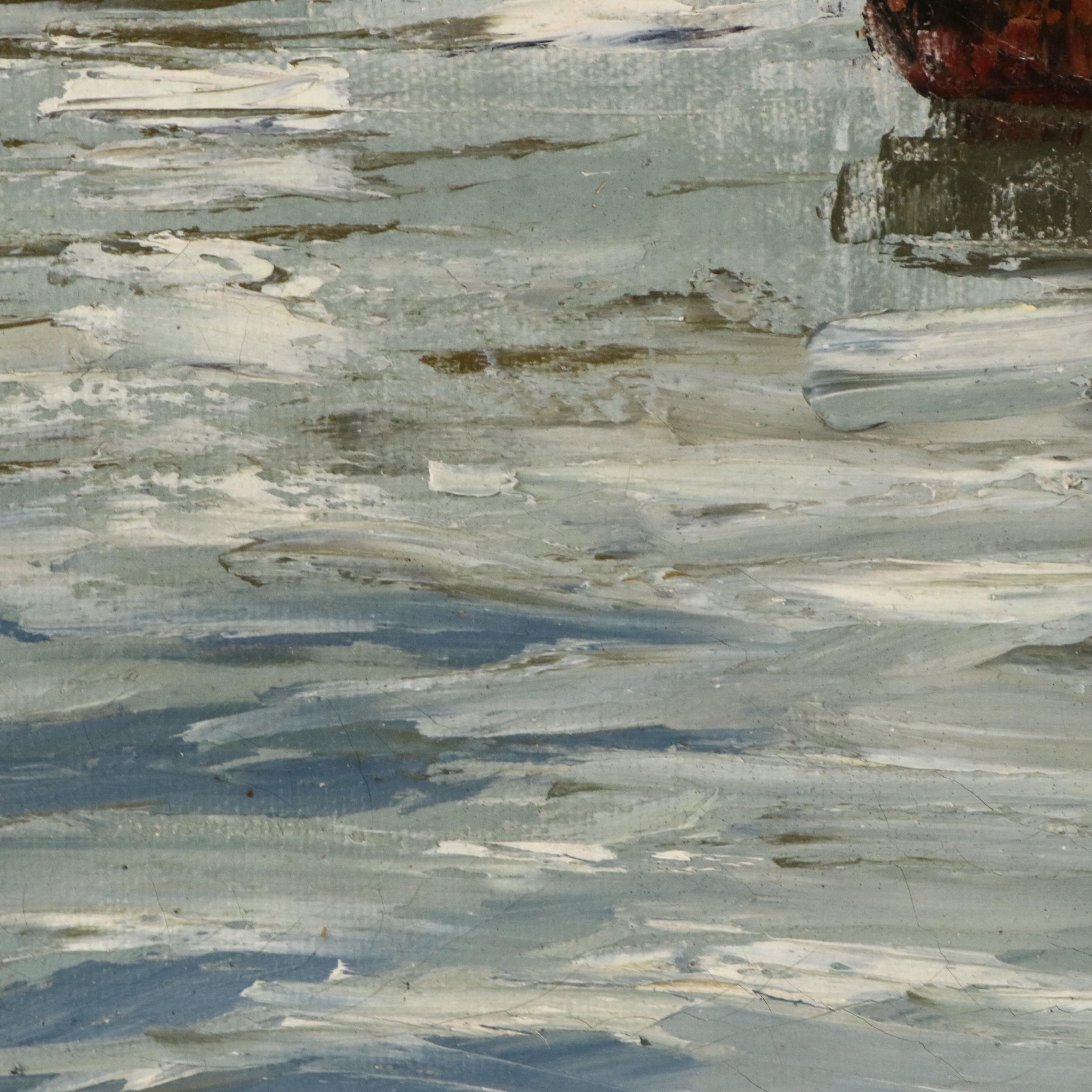 Oil Painting of Rowboat in Harbor, Mid-20th Century
