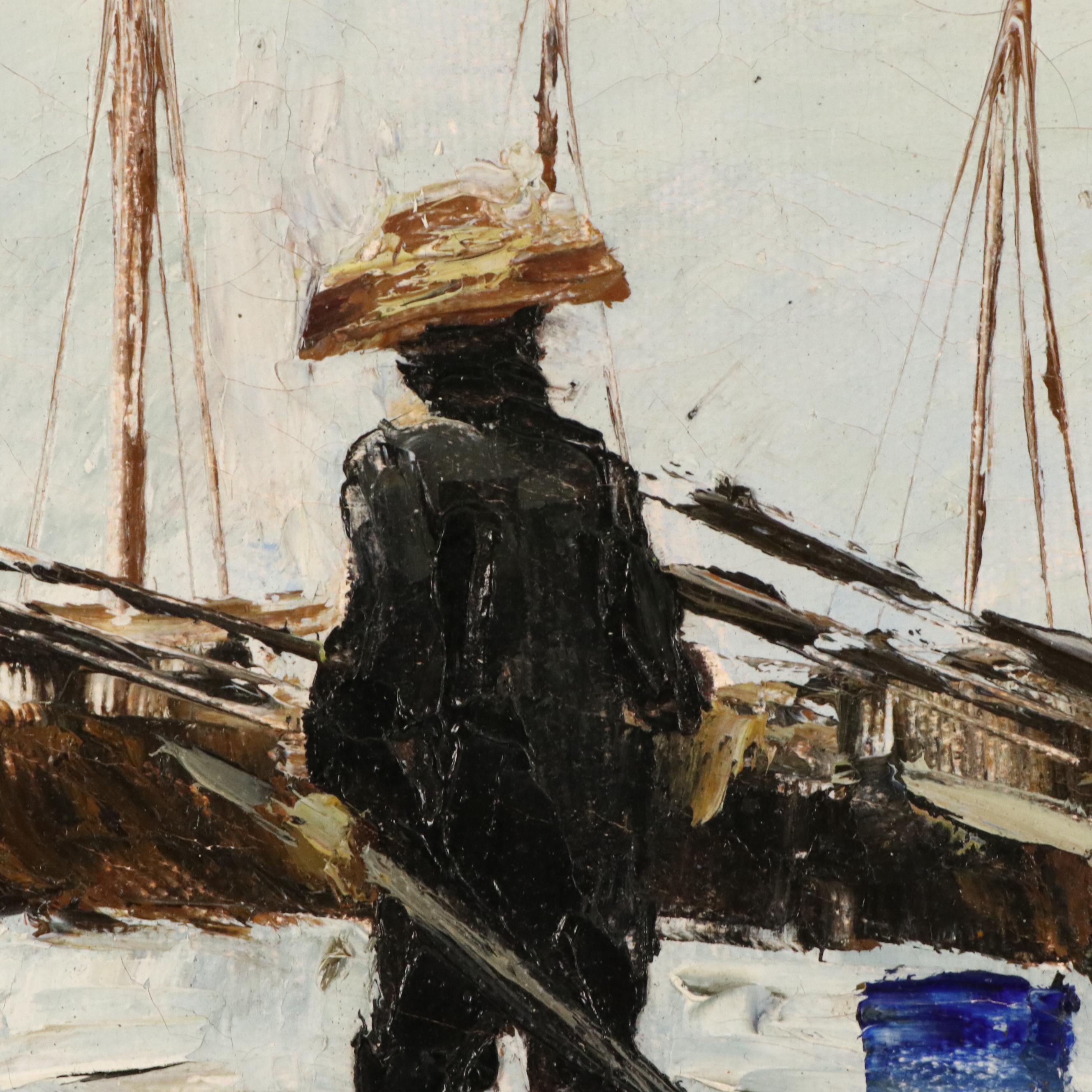 Oil Painting of Rowboat in Harbor, Mid-20th Century
