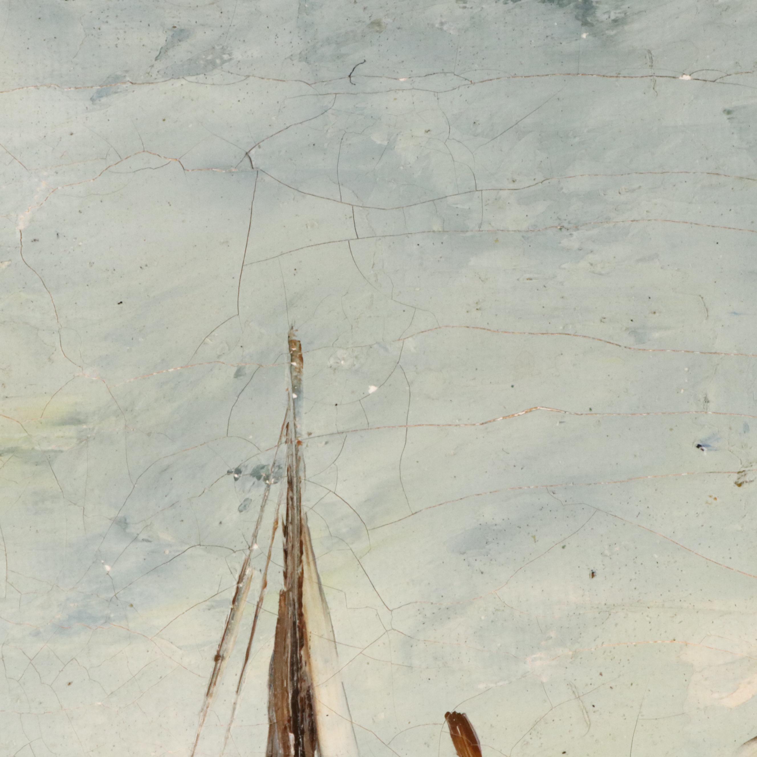 Oil Painting of Rowboat in Harbor, Mid-20th Century
