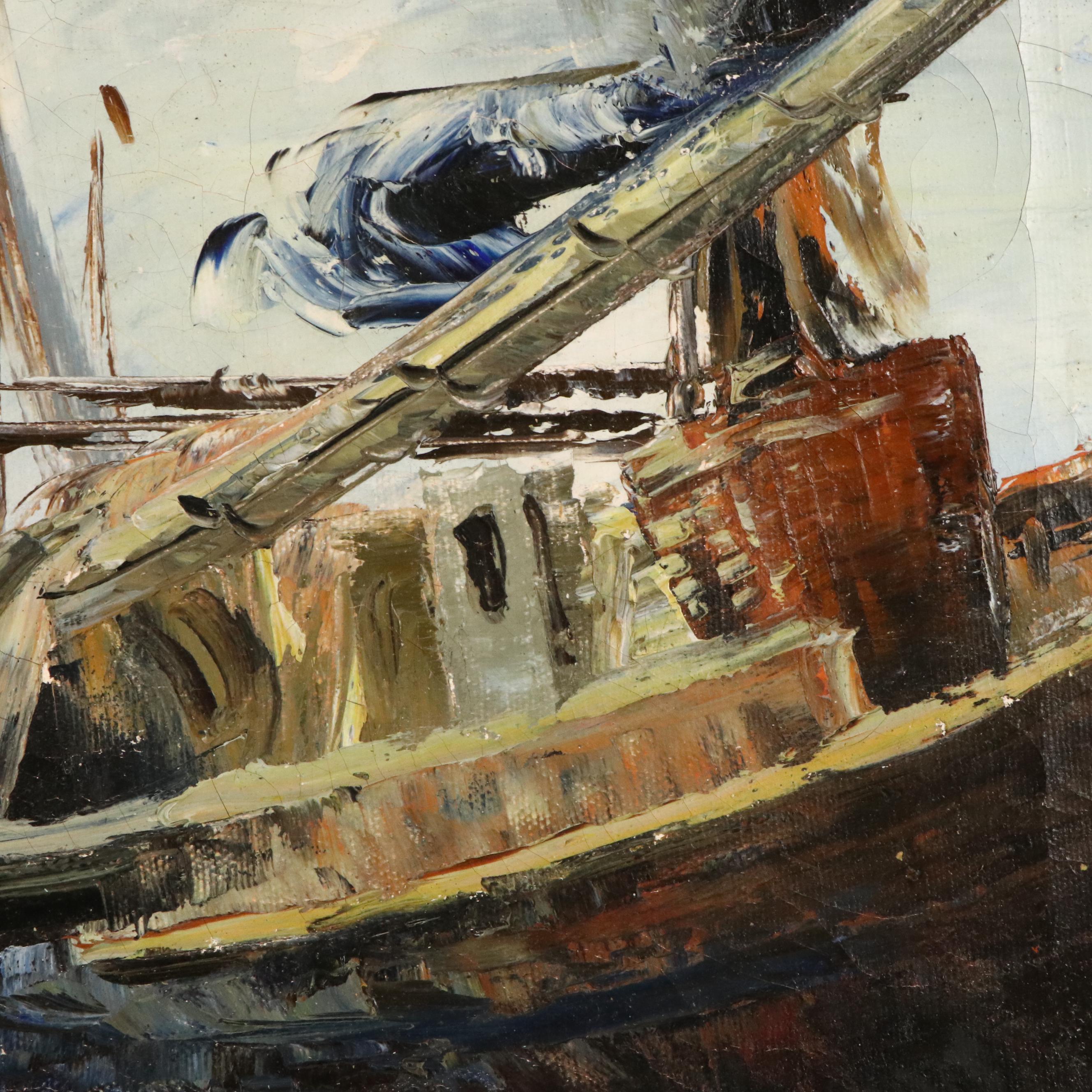 Oil Painting of Rowboat in Harbor, Mid-20th Century