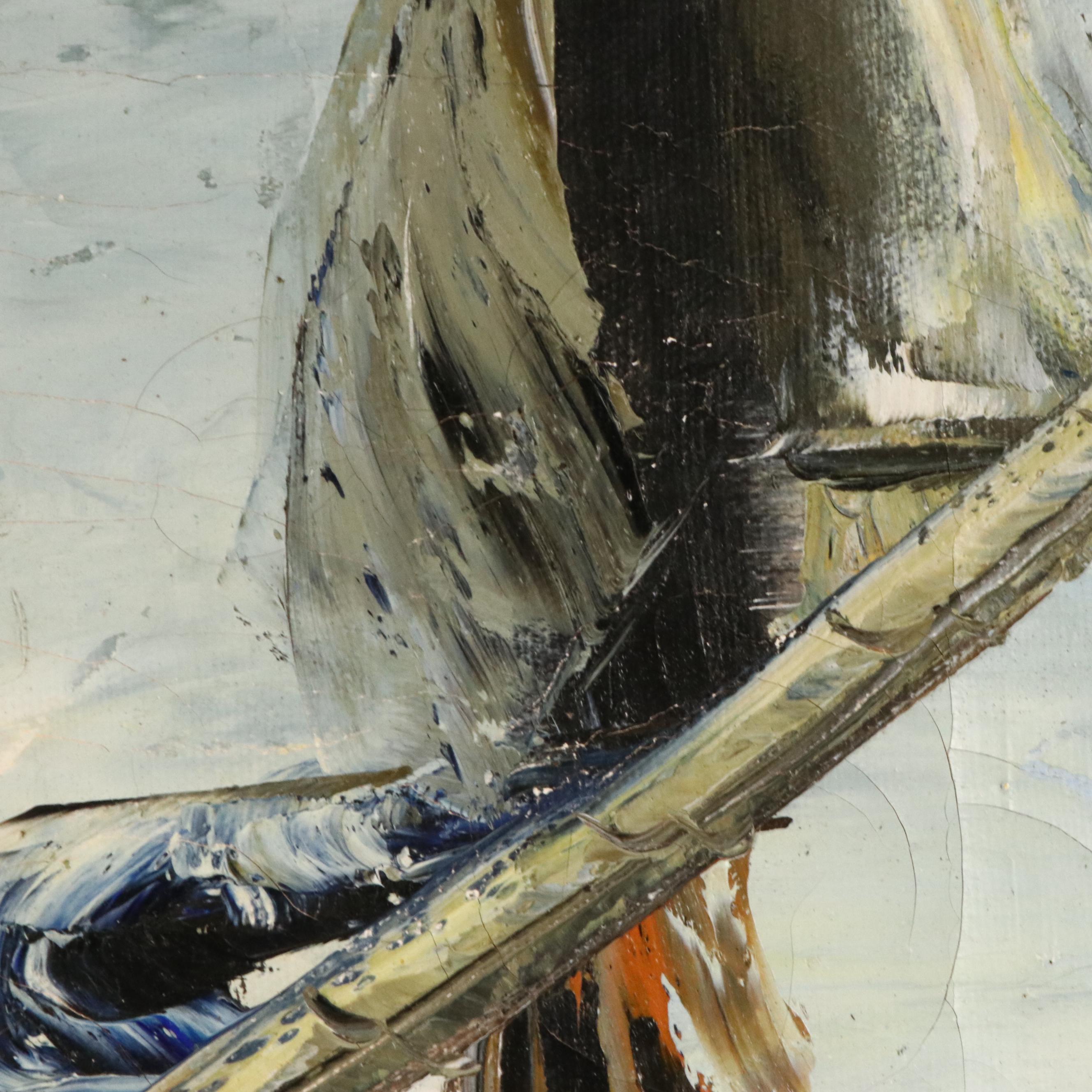 Oil Painting of Rowboat in Harbor, Mid-20th Century