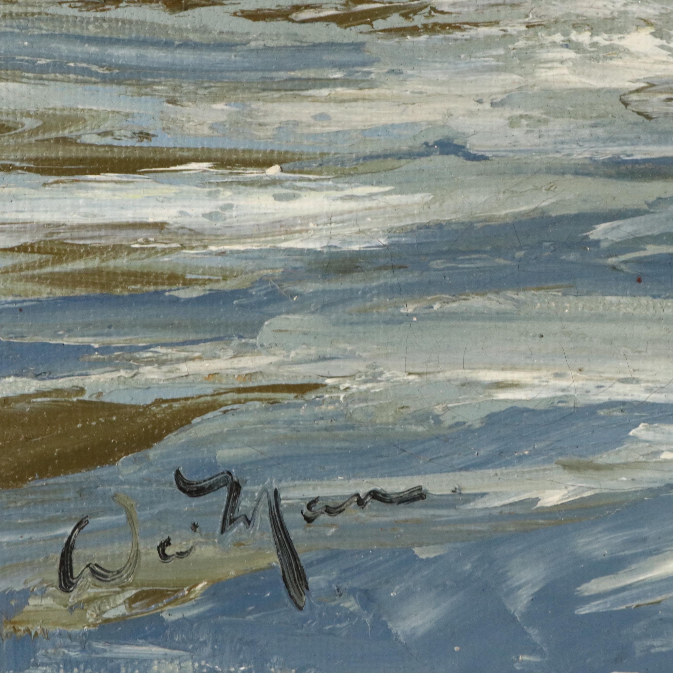 Oil Painting of Rowboat in Harbor, Mid-20th Century