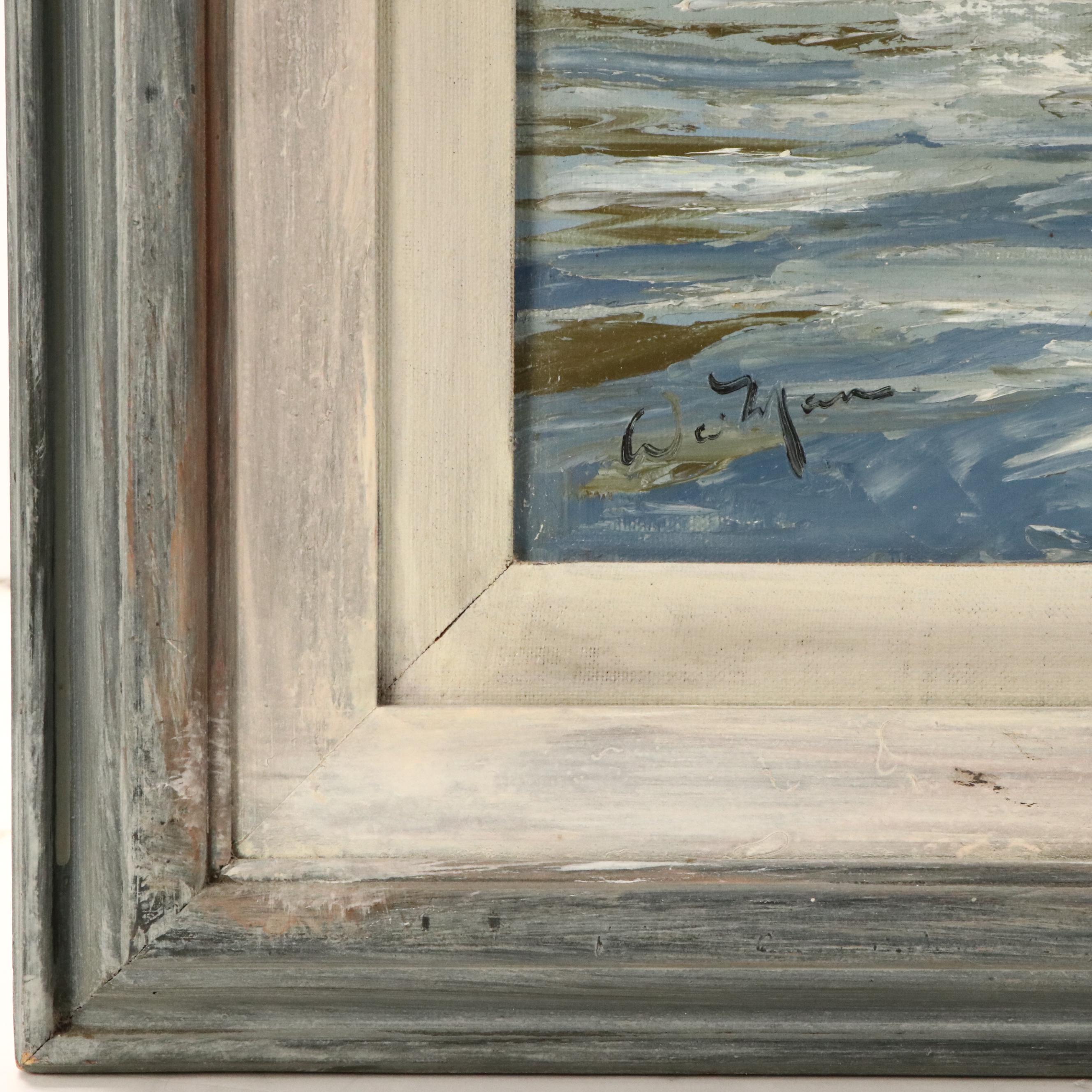 Oil Painting of Rowboat in Harbor, Mid-20th Century