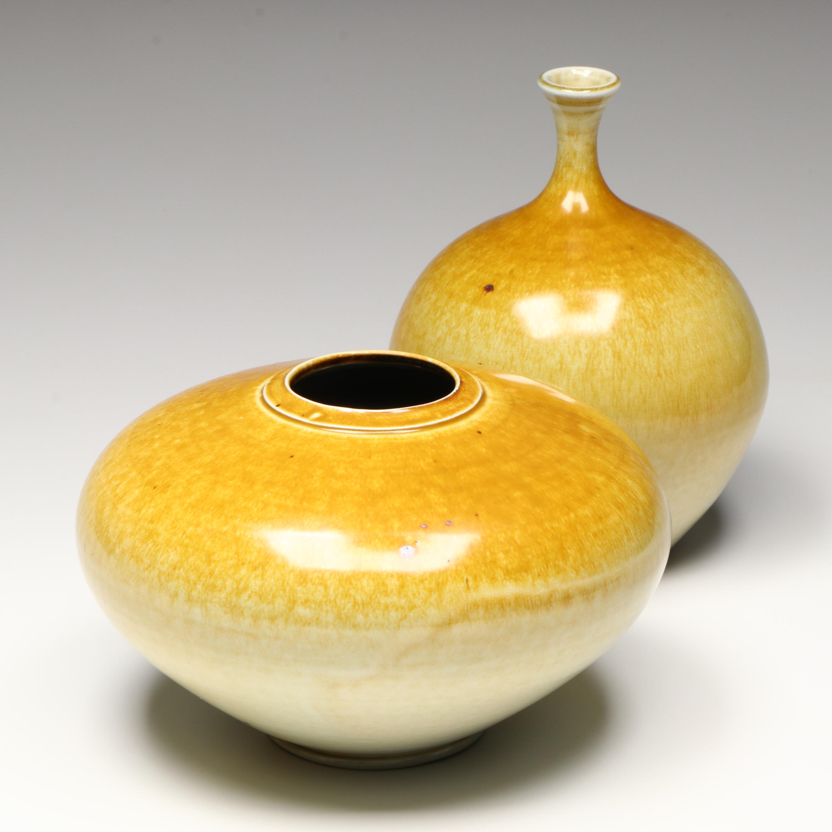 Hand Thrown Studio Art Pottery Mustard Gradient Vases