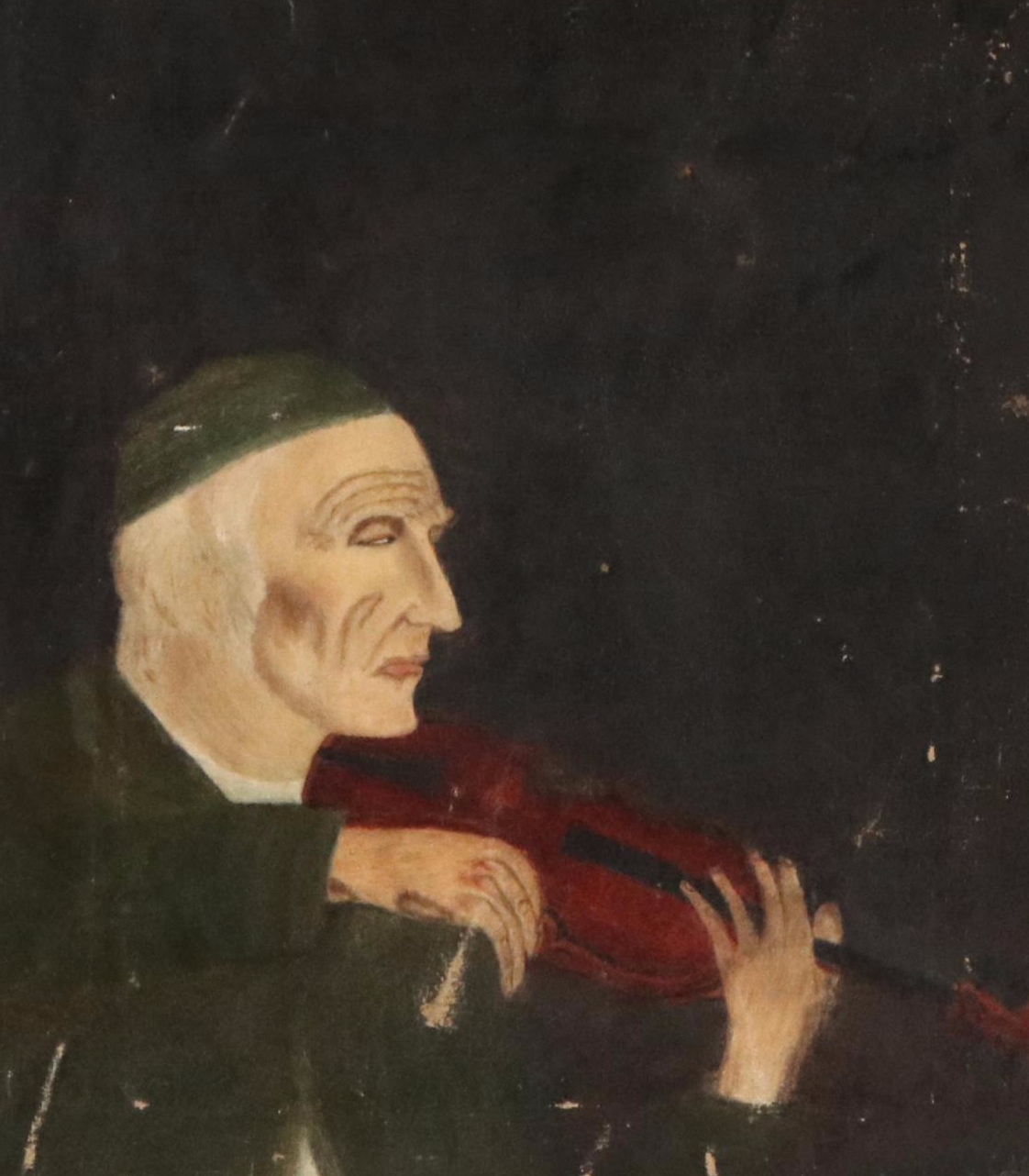 Oil Painting of Elderly Man Playing Violin, Early 20th Century