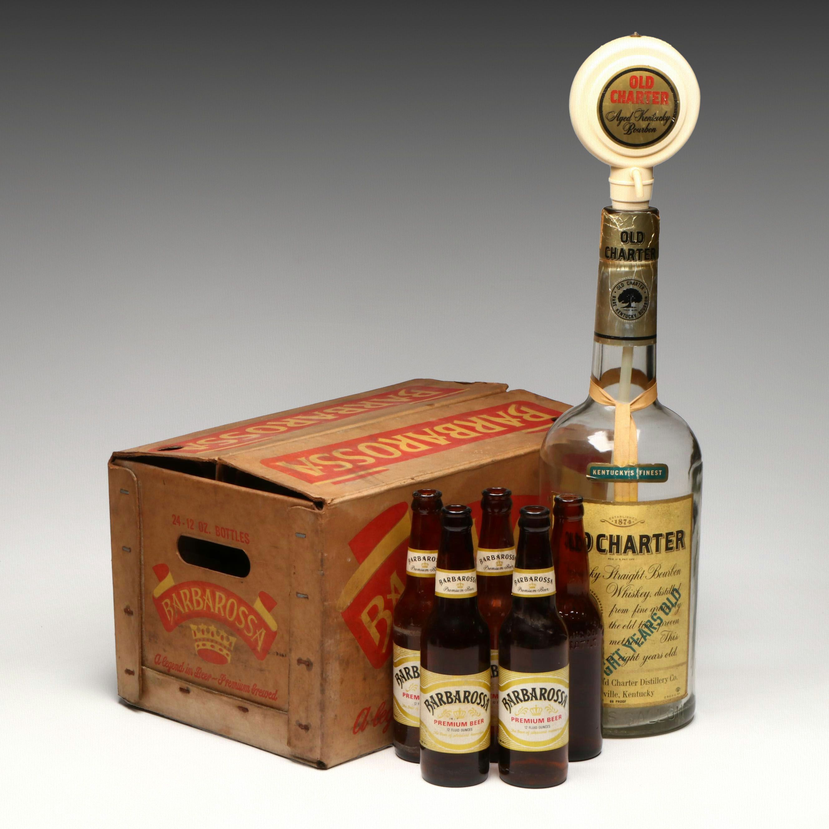 Old Charter Whiskey One Gallon Liquor Dispenser with Barbarossa Box and Bottles
