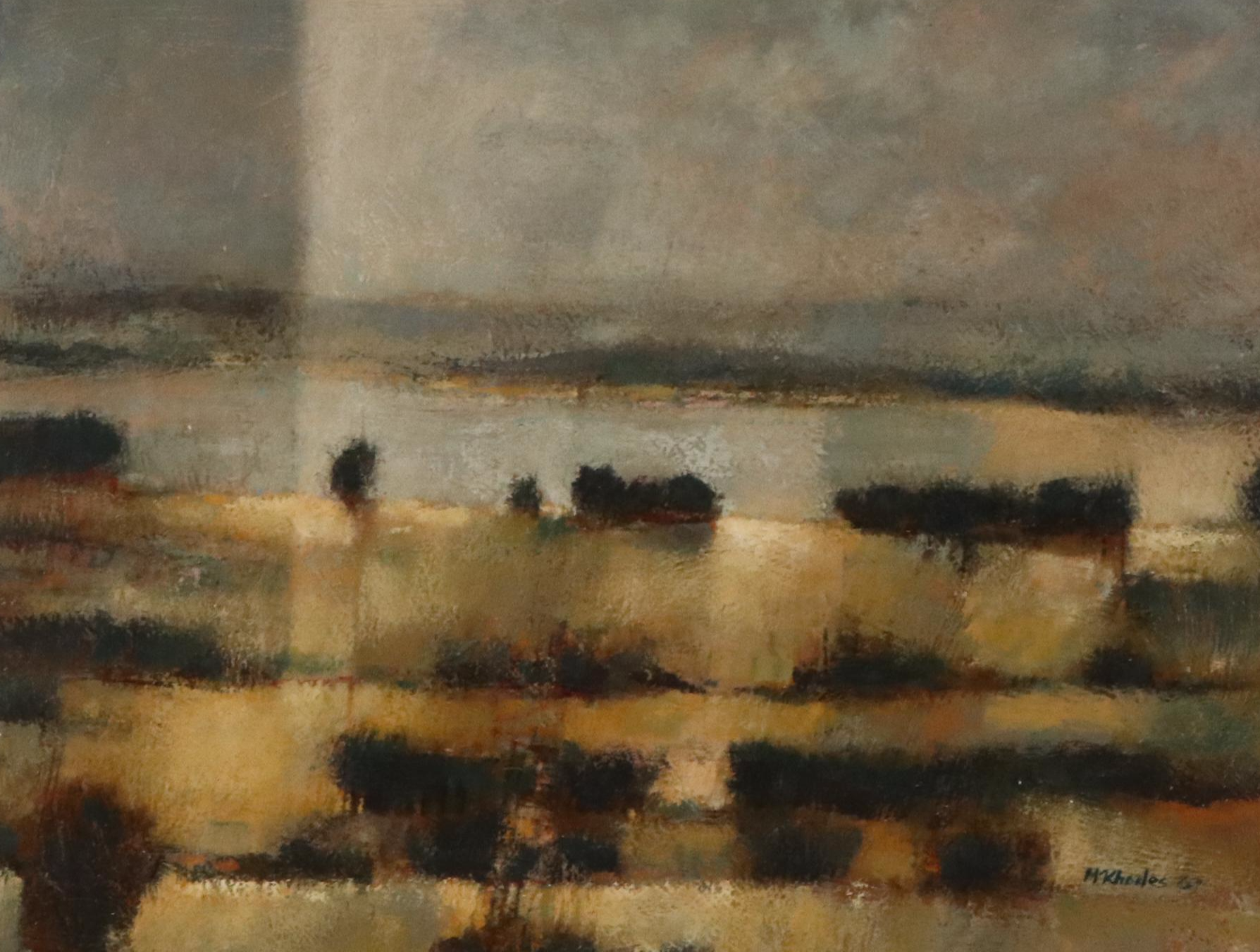 Mickey Rhodes Oil Painting of Muted Modern Landscape, 1967