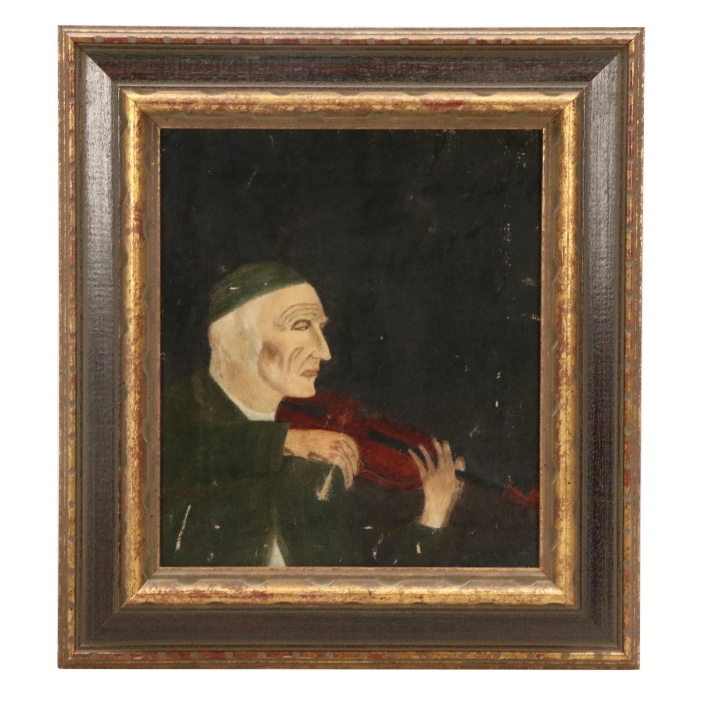 Oil Painting of Elderly Man Playing Violin, Early 20th Century