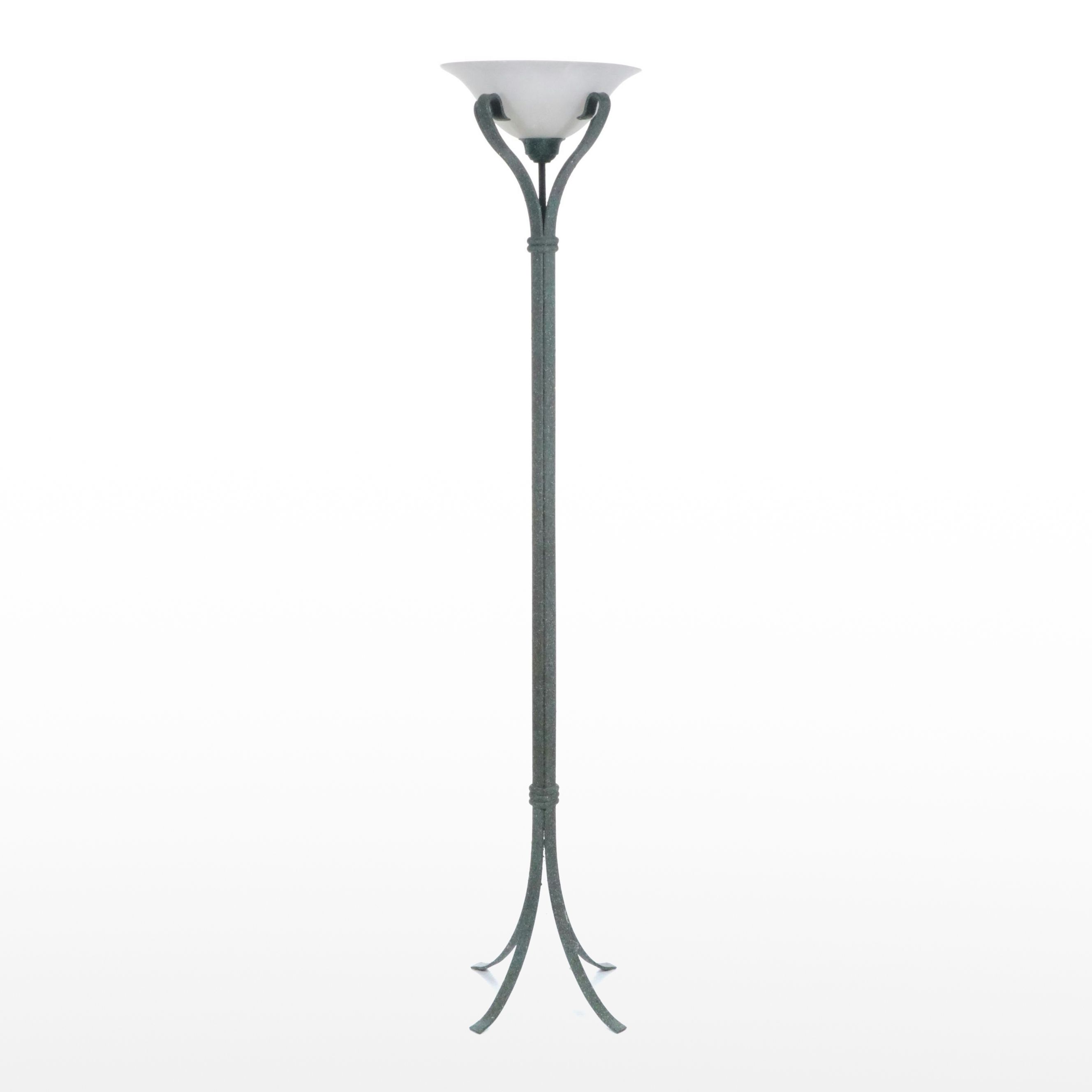 Wrought Iron Torchère Floor Lamp with Frosted Glass Shade