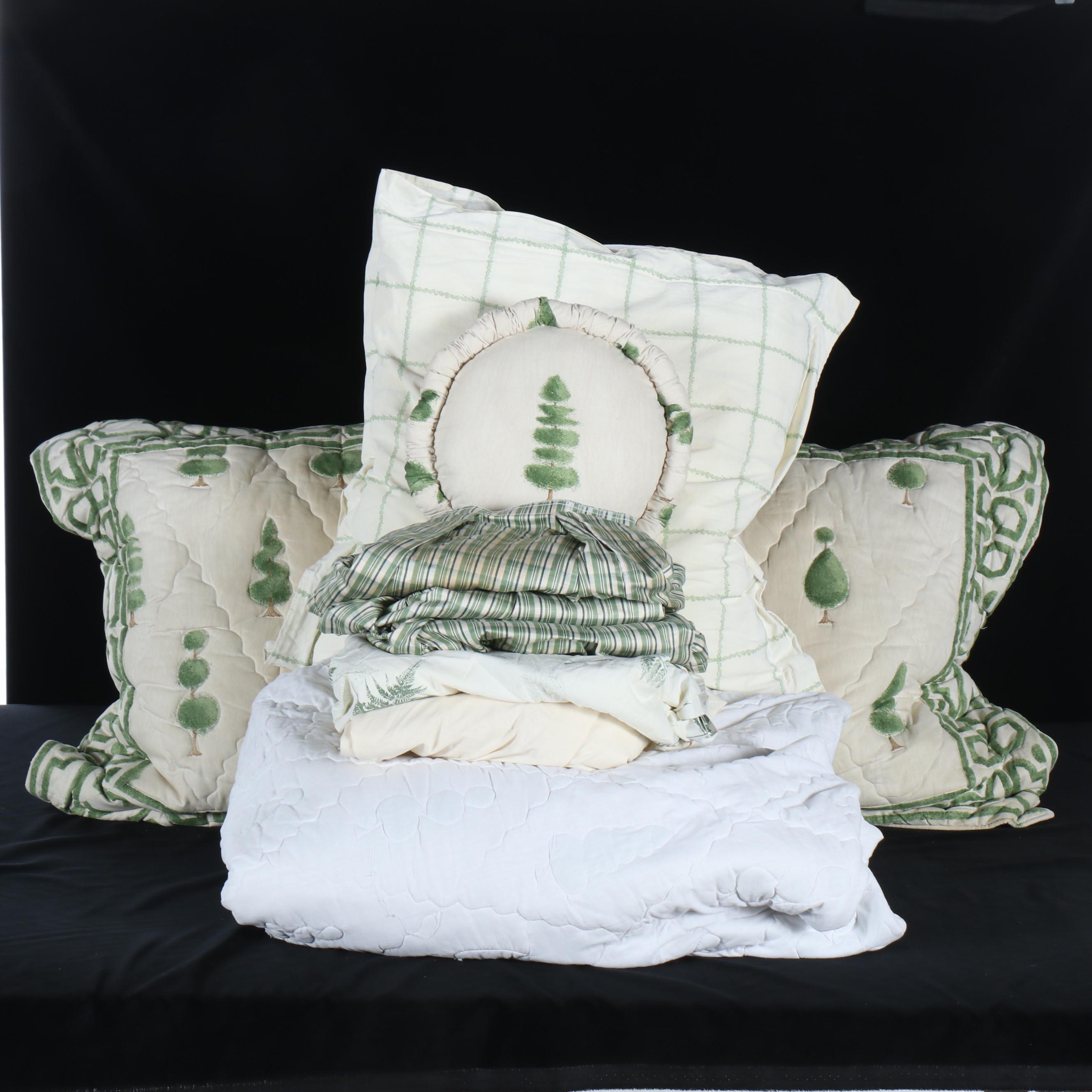 Green Tree and Cotton Bedspread and Pillows with Other Cotton Bed Sheets