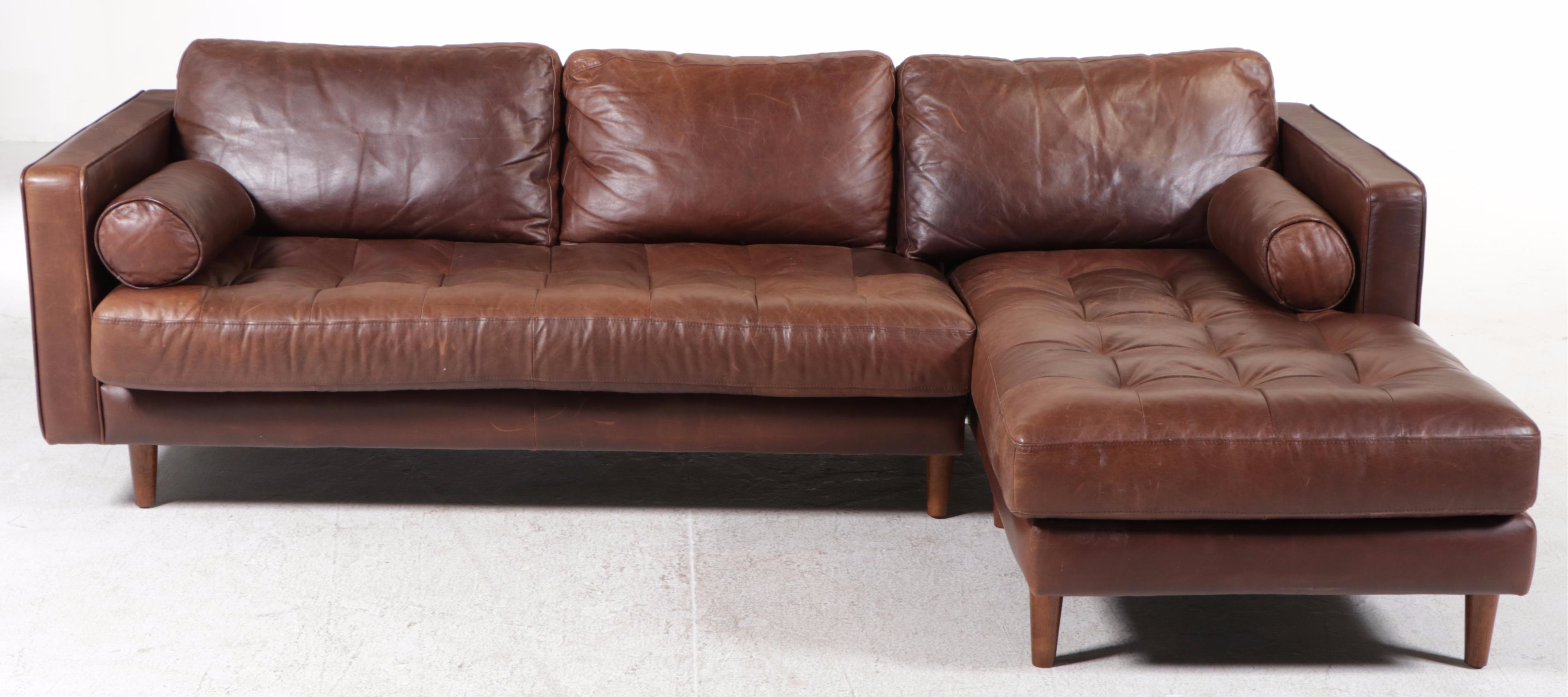 Woodworth Wooden Industries Mid Century Style Leather Sectional