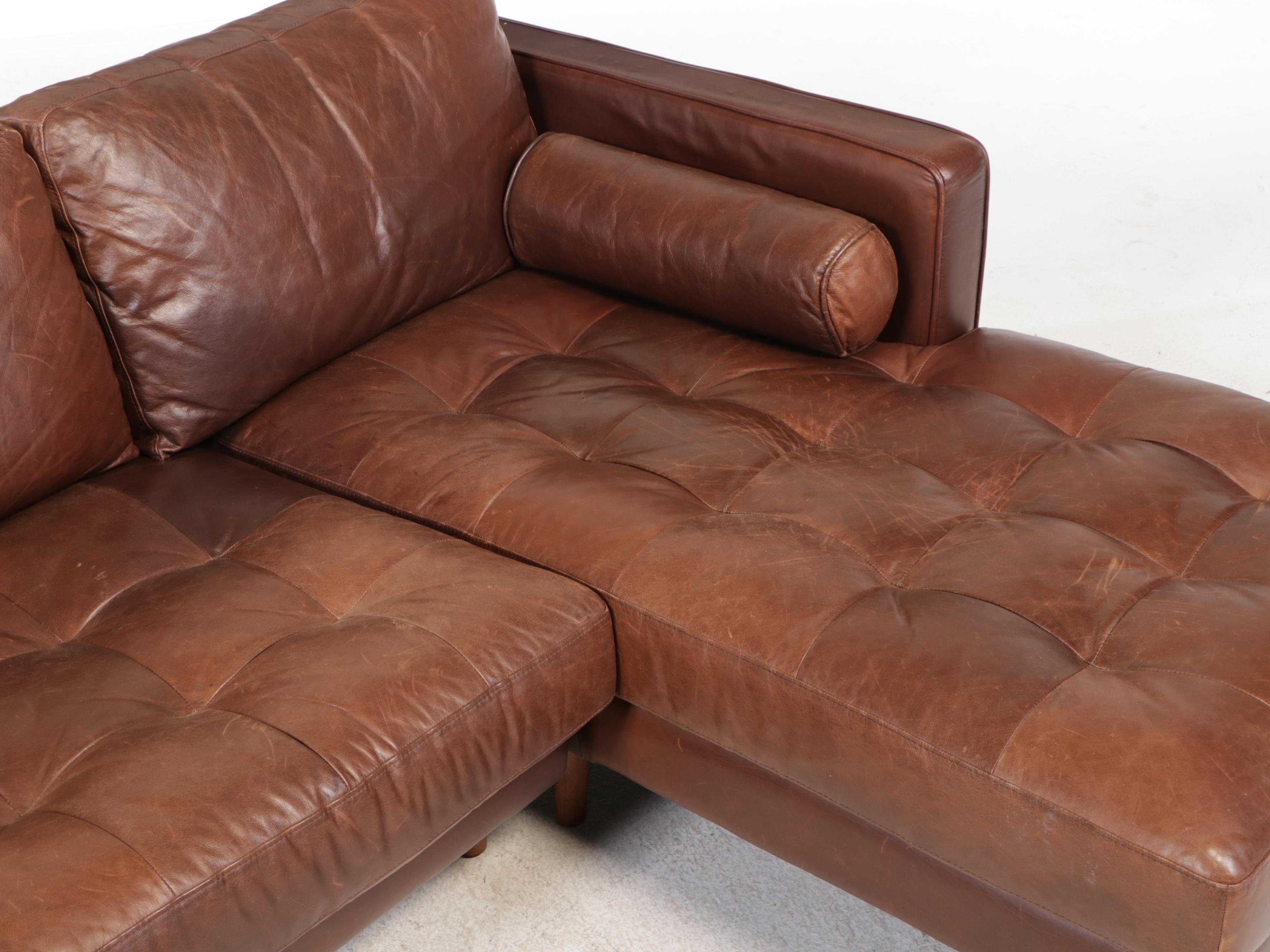 Woodworth Wooden Industries Mid Century Style Leather Sectional