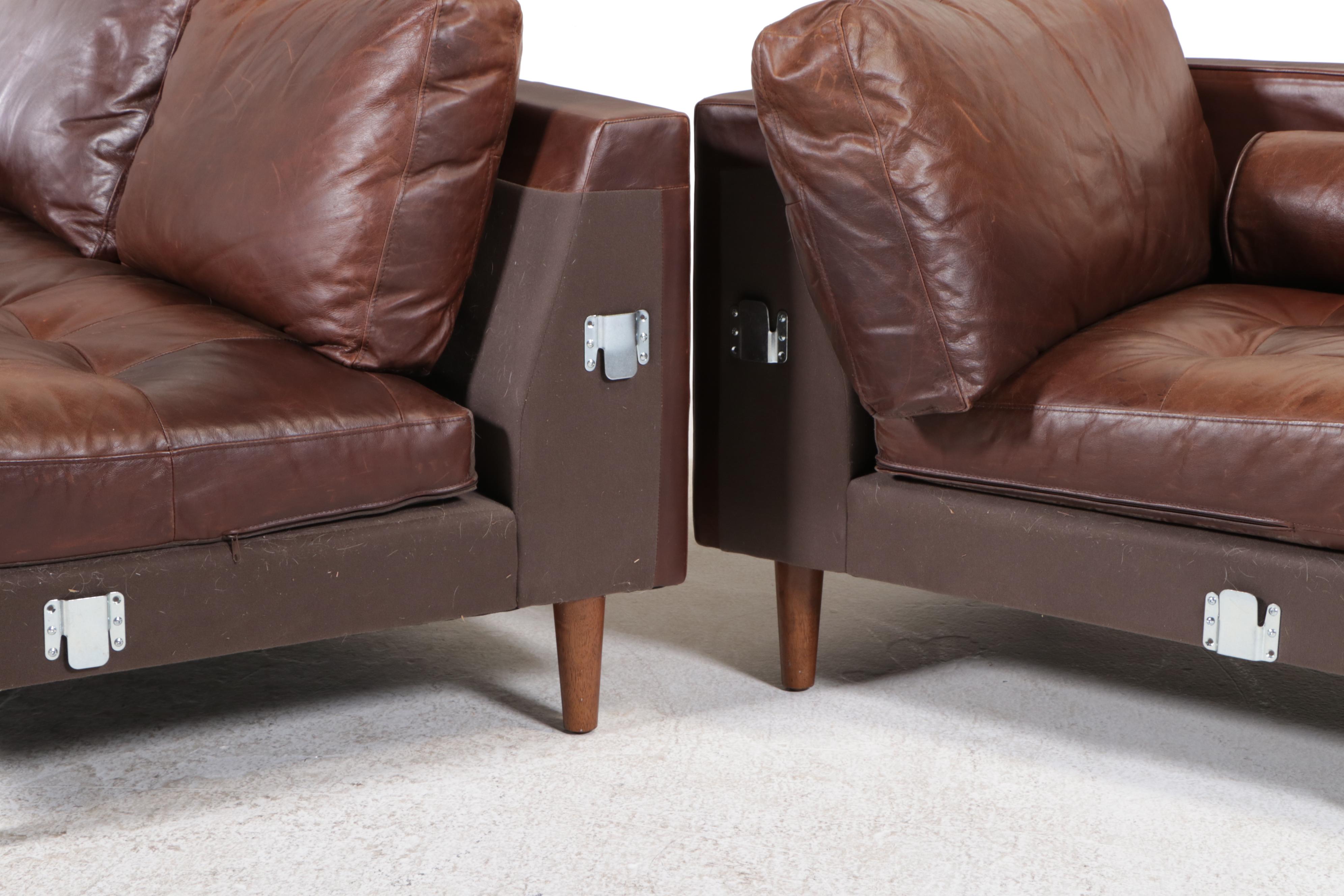 Woodworth Wooden Industries Mid Century Style Leather Sectional