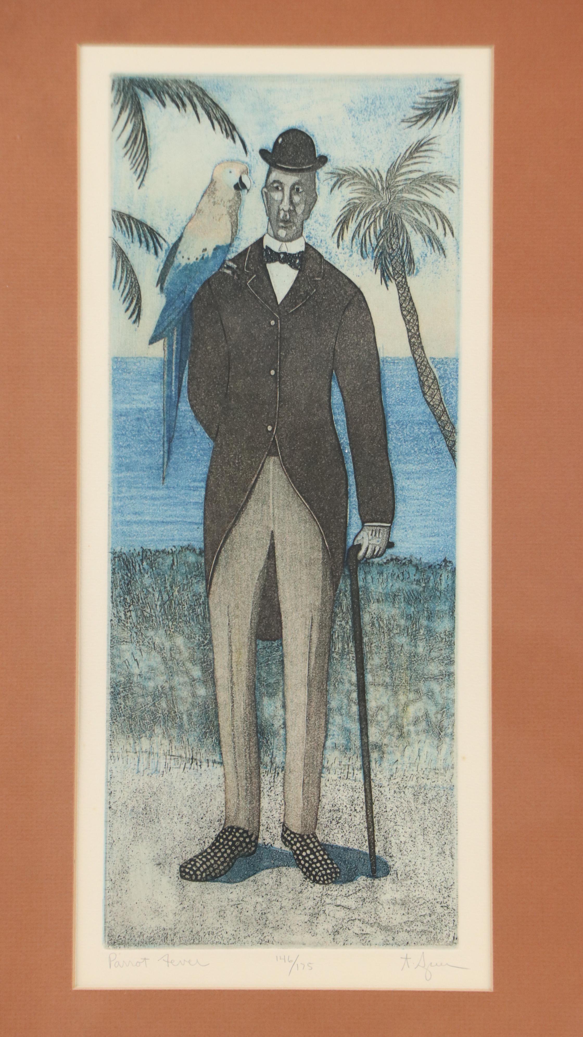 T.P. Speer Aquatint Etching À la Poupée "Parrot Fever," Late 20th Century