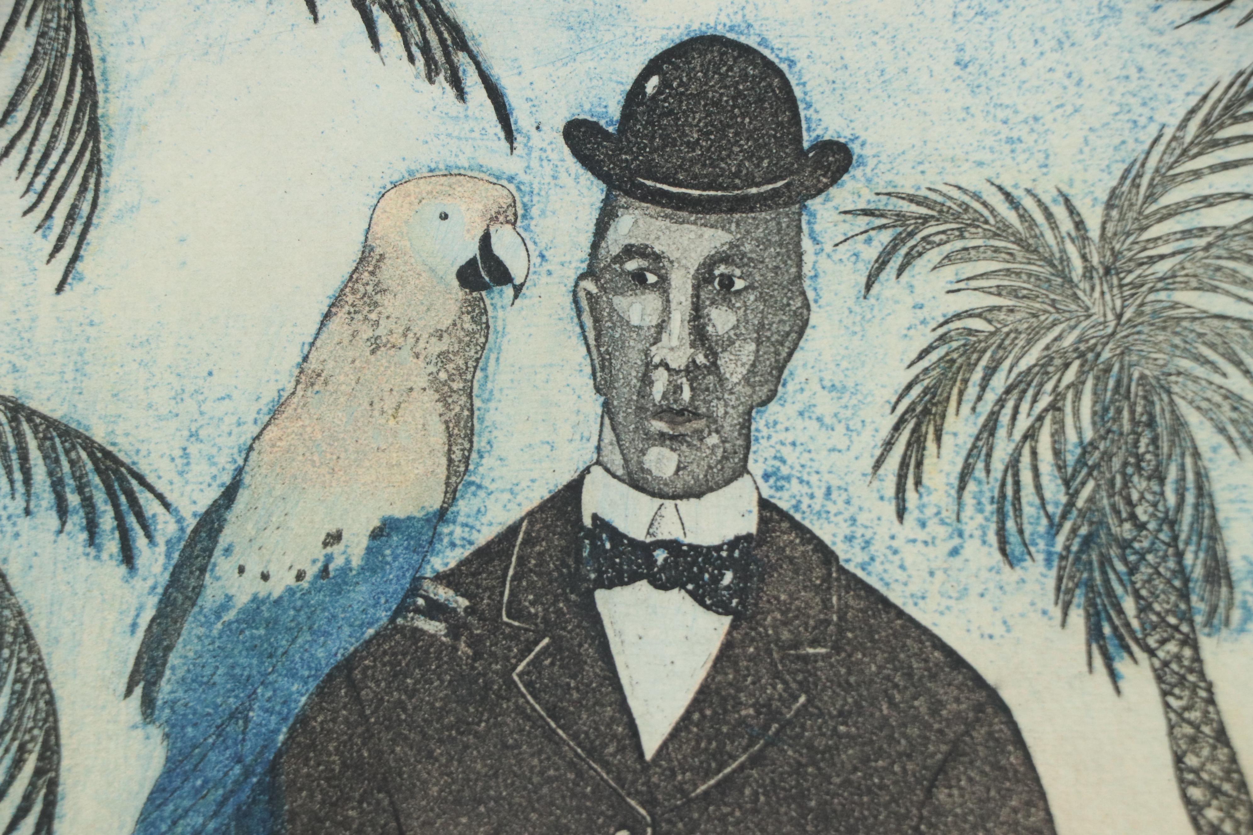 T.P. Speer Aquatint Etching À la Poupée "Parrot Fever," Late 20th Century