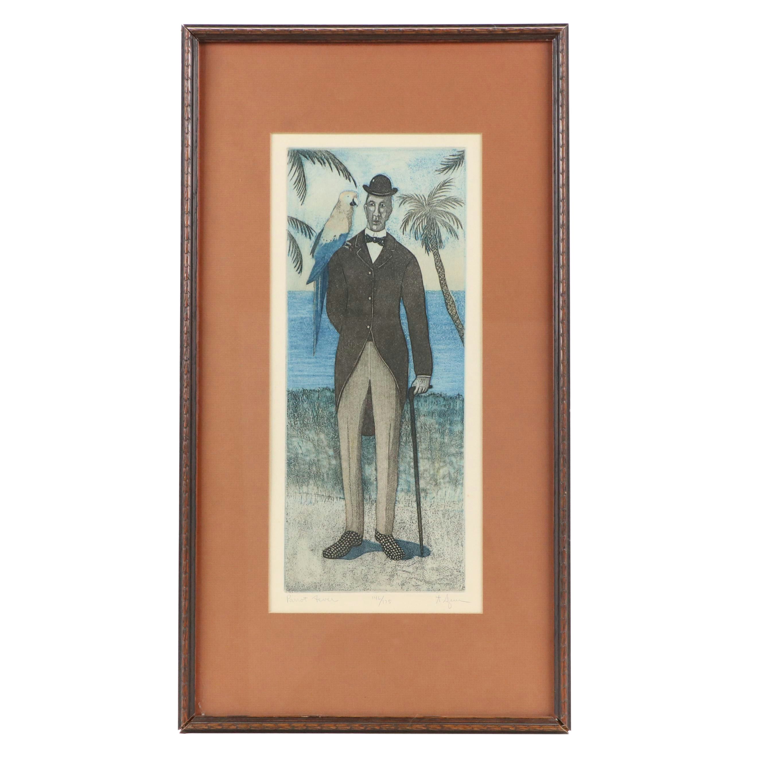 T.P. Speer Aquatint Etching À la Poupée "Parrot Fever," Late 20th Century
