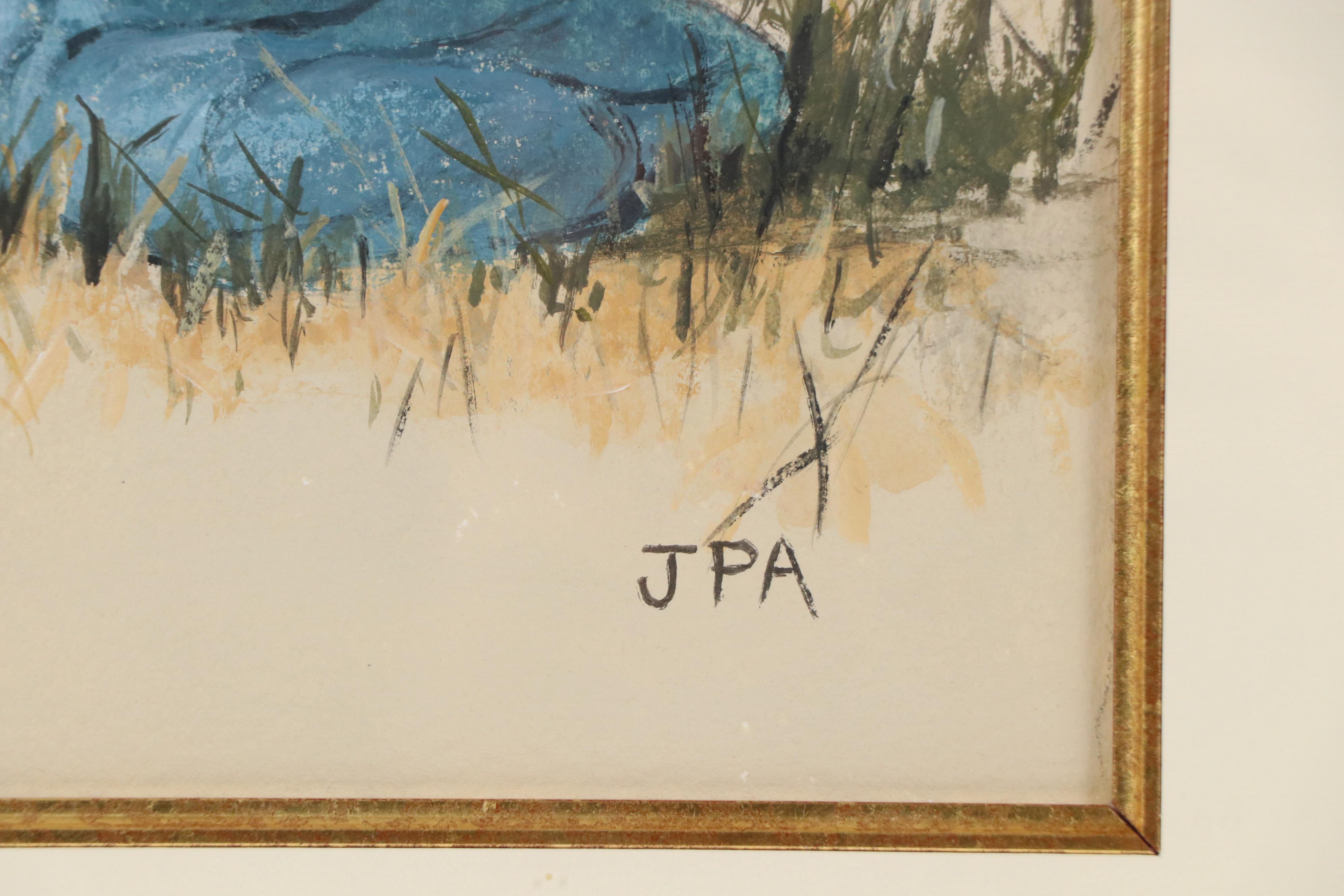 June Perkins Anderson Gouache Painting of Seated Woman in Sunhat