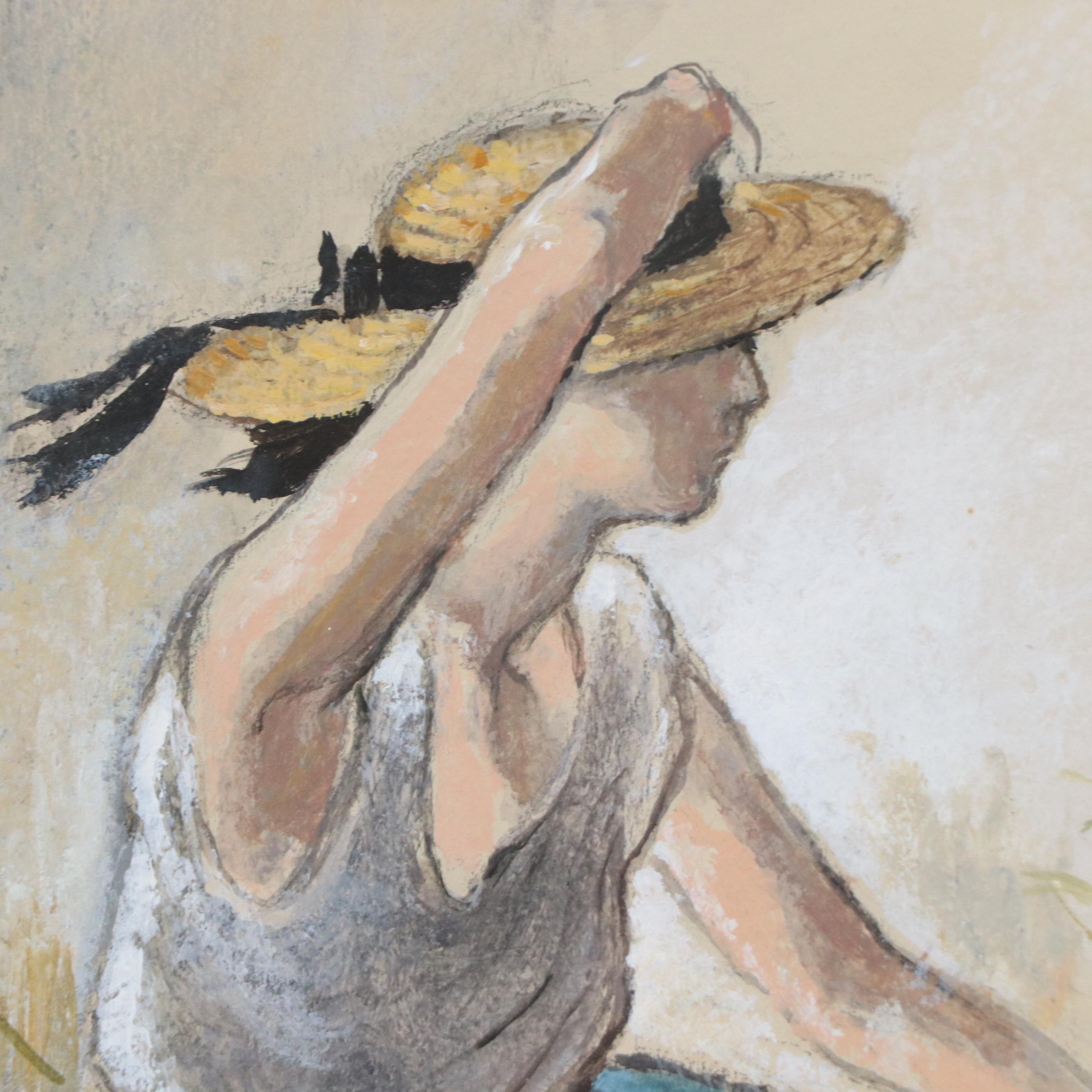 June Perkins Anderson Gouache Painting of Seated Woman in Sunhat