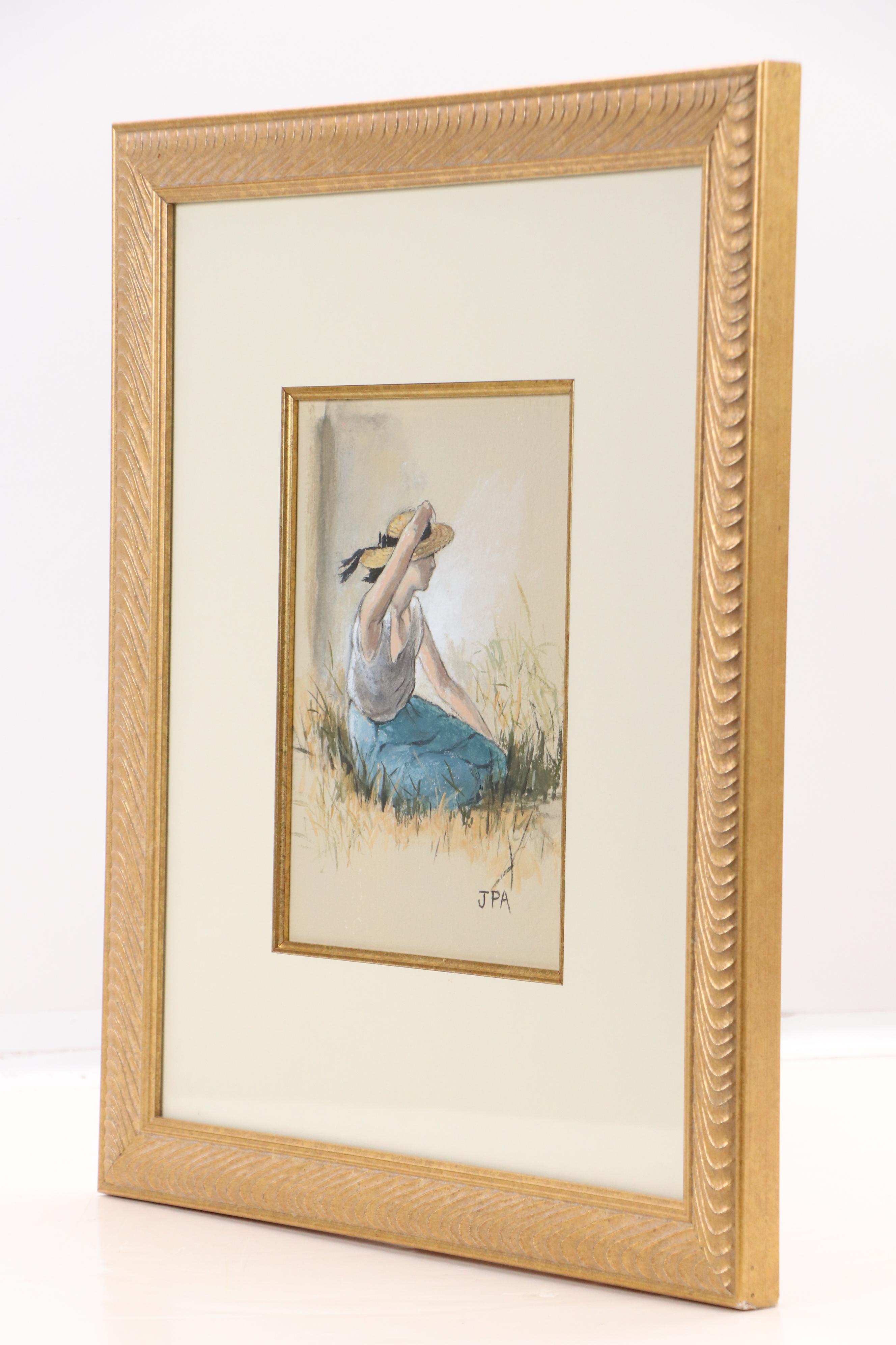 June Perkins Anderson Gouache Painting of Seated Woman in Sunhat